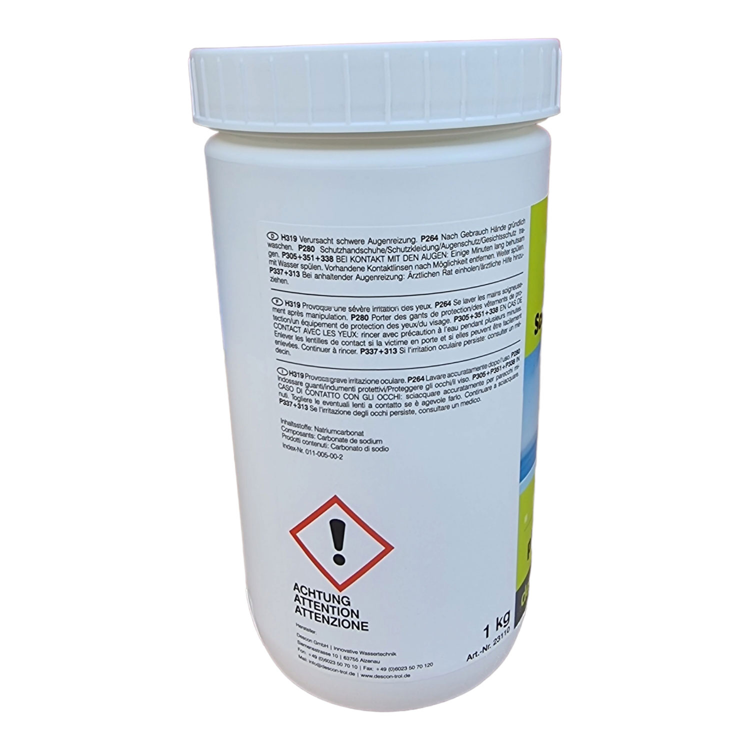 Weißer Kunststoffbehälter mit Warnhinweisen, enthält Natriumcarbonat, 1 kg Nettogewicht.