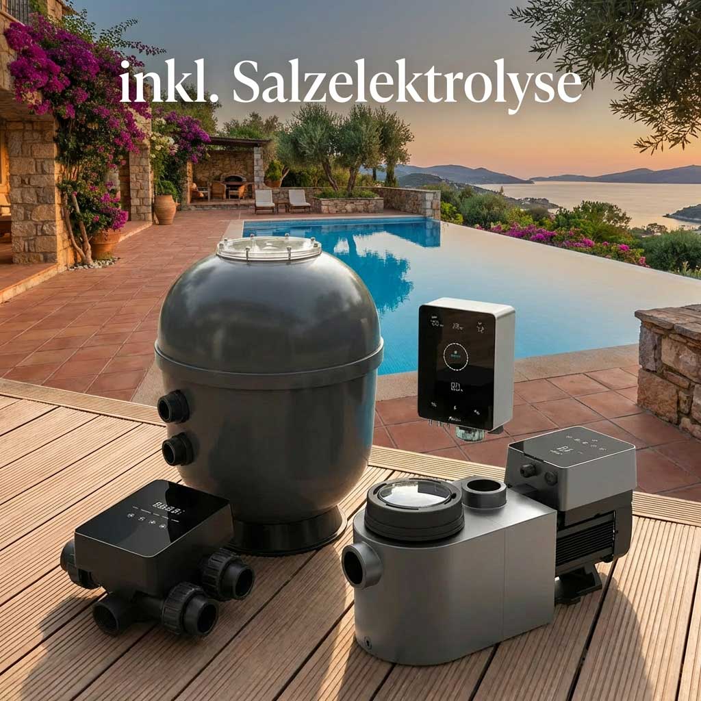 Poolausrüstung auf einer Terrasse in der Nähe eines Infinity-Pools, einschließlich Salzelektrolysesystem.