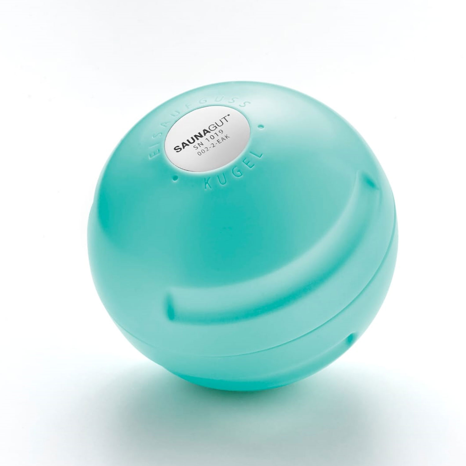 Aquablauer Sauna-Aromatherapieball mit kreisförmigem Design und Produktetikett auf weißem Hintergrund.