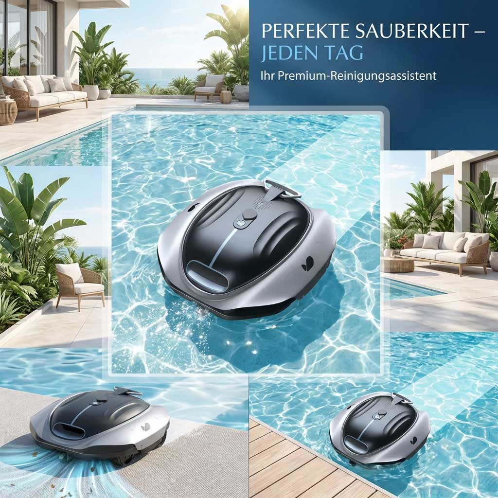 Ein Roboter-Poolreiniger wird in verschiedenen Positionen innerhalb und um ein Schwimmbad herum gezeigt.