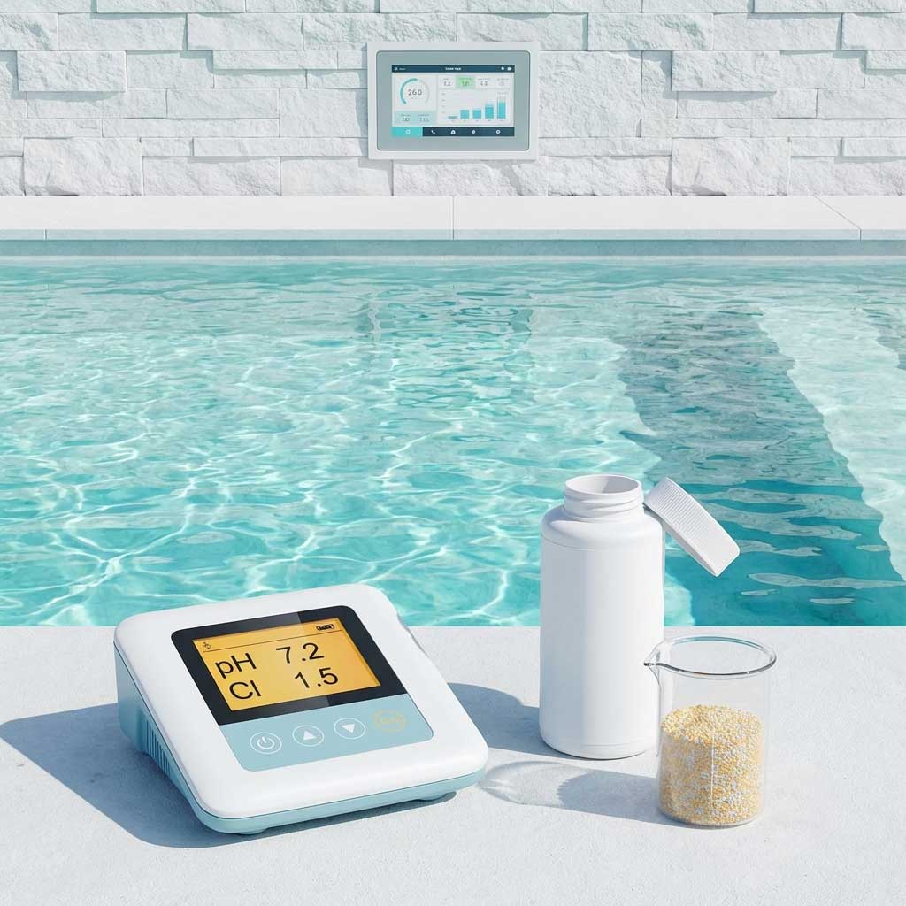 Digitaler Wasserqualitätstester für den Poolbereich mit Zubehör.