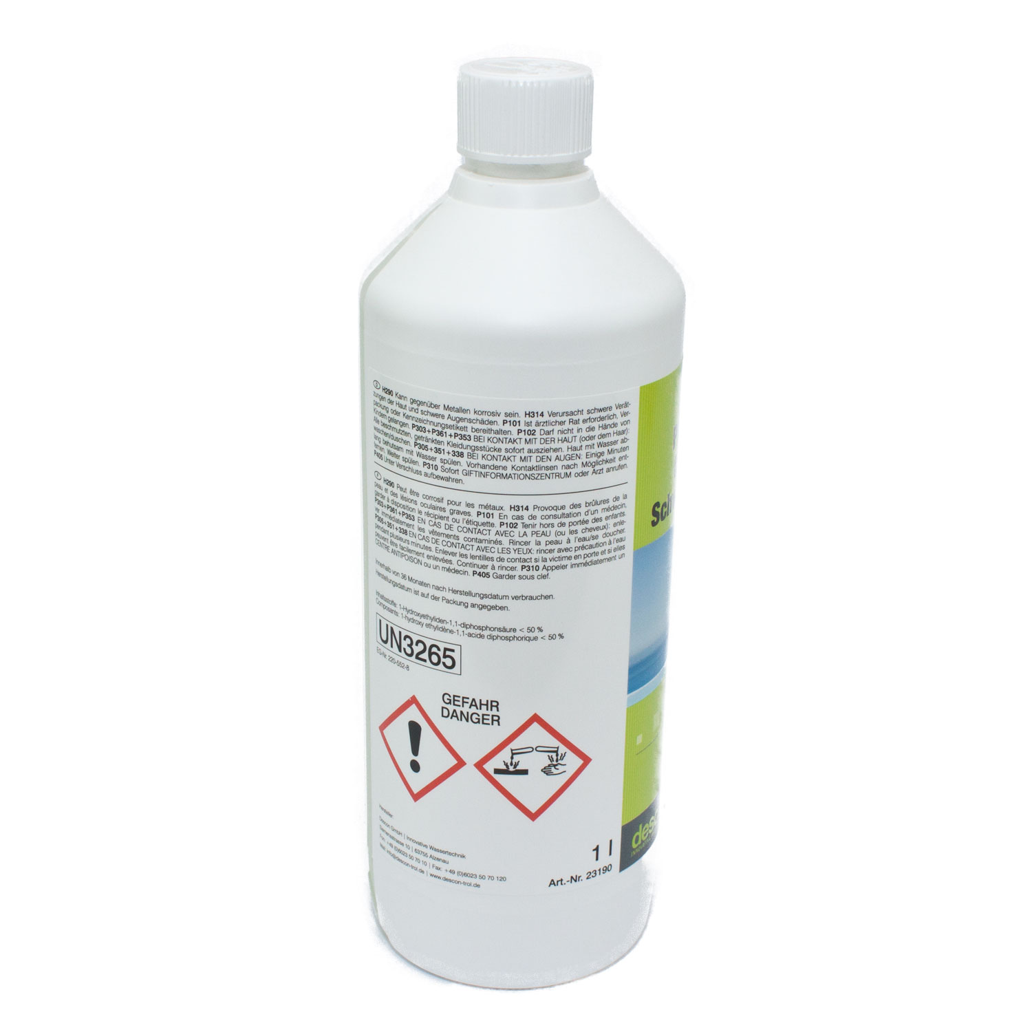 Weiße Plastikflasche mit Gefahrensymbolen und Produktinformationsetiketten auf der Oberfläche.