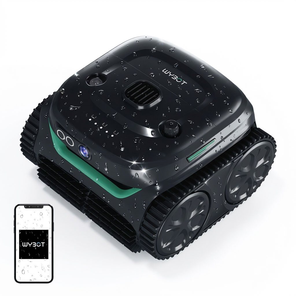 Roboter-Poolreiniger mit Wassertropfen auf der Oberfläche und den Rädern.