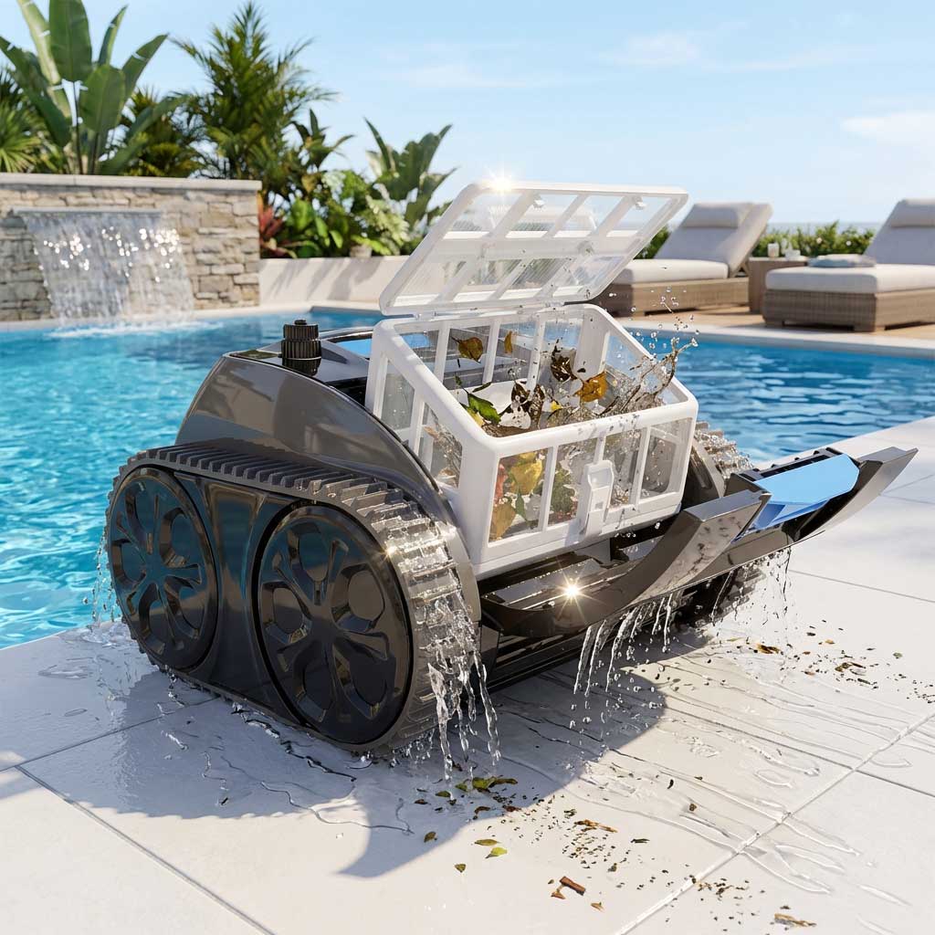 Poolreinigungsroboter mit geöffnetem Schmutzbehälter, der aus einem Pool gehoben wird.