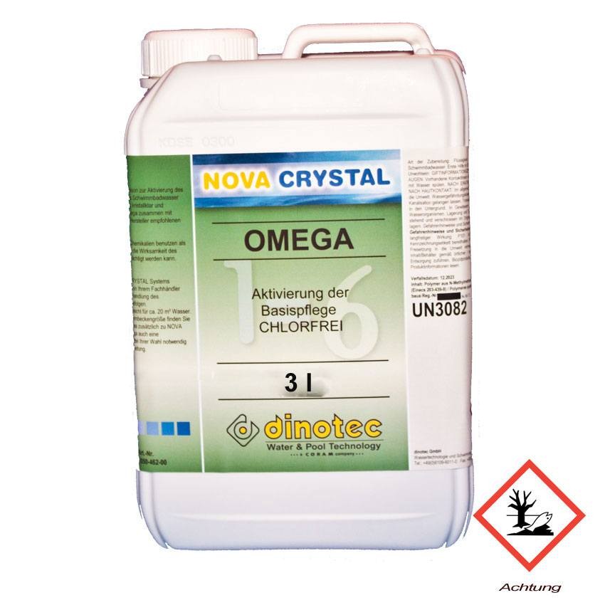 Bild eines 3-Liter-Behälters mit dem chlorfreien Poolaktivatorprodukt Nova Crystal Omega.