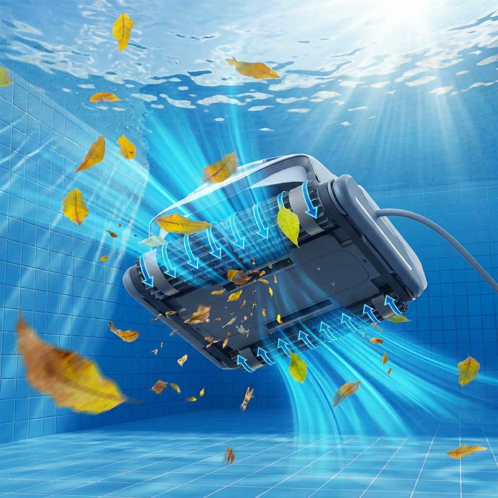 Unterwasserroboter-Poolreiniger, der aktiv Schmutz und Blätter in einem gefliesten Pool filtert.