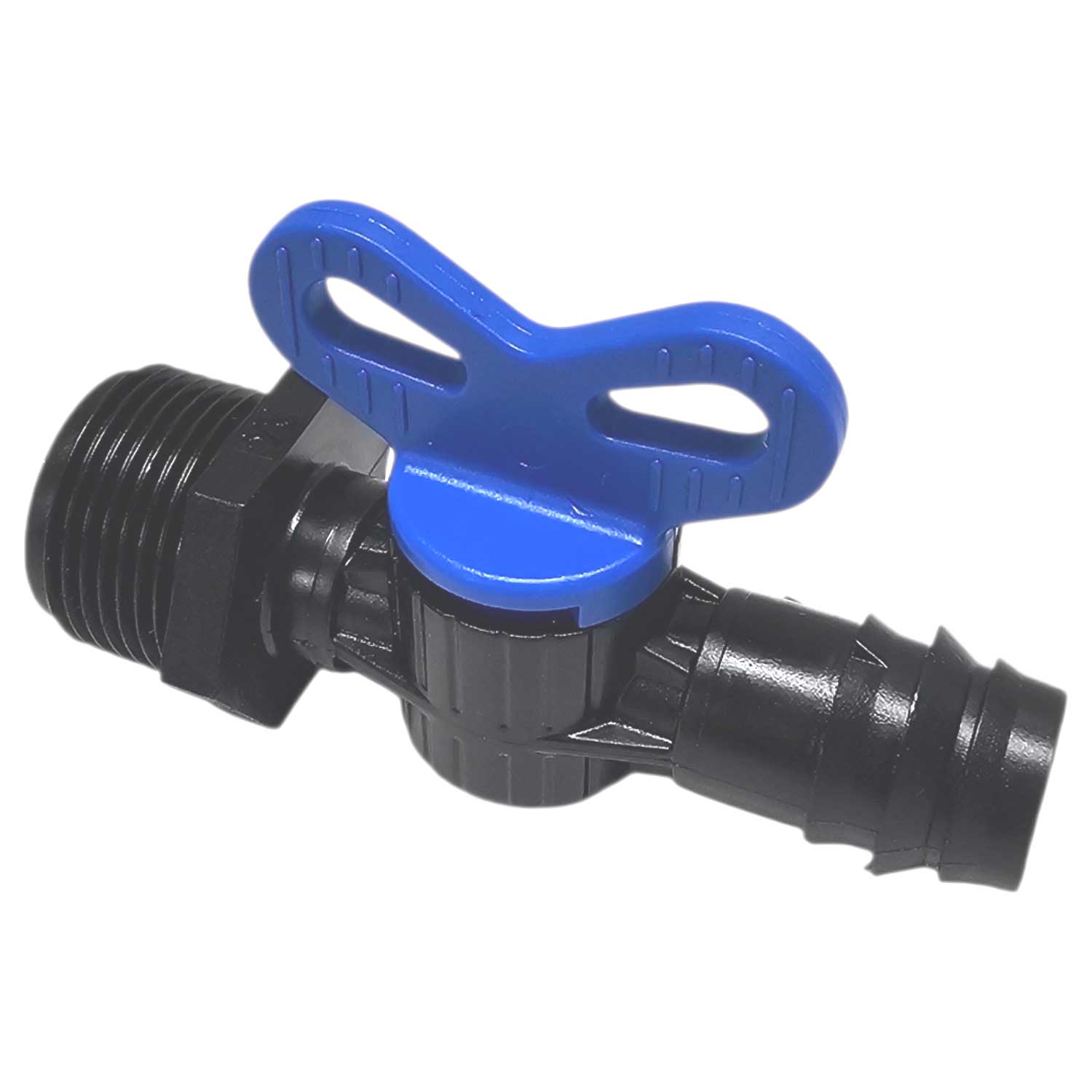 Blaues Ventil mit Griff zur Steuerung des Wasserflusses in Bewässerungssystemen.