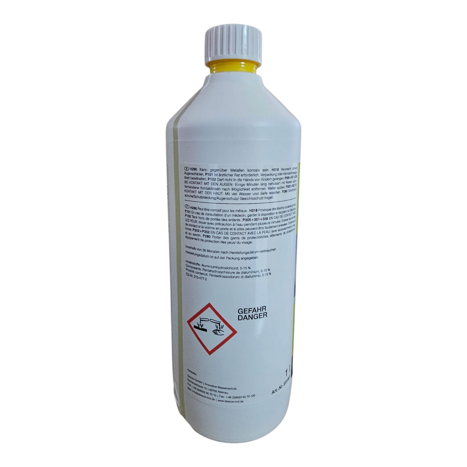 Flasche Descon Poolwasseraufbereitungschemikalie. Enthält Gefahrenwarnschilder und Sicherheitsinformationen.