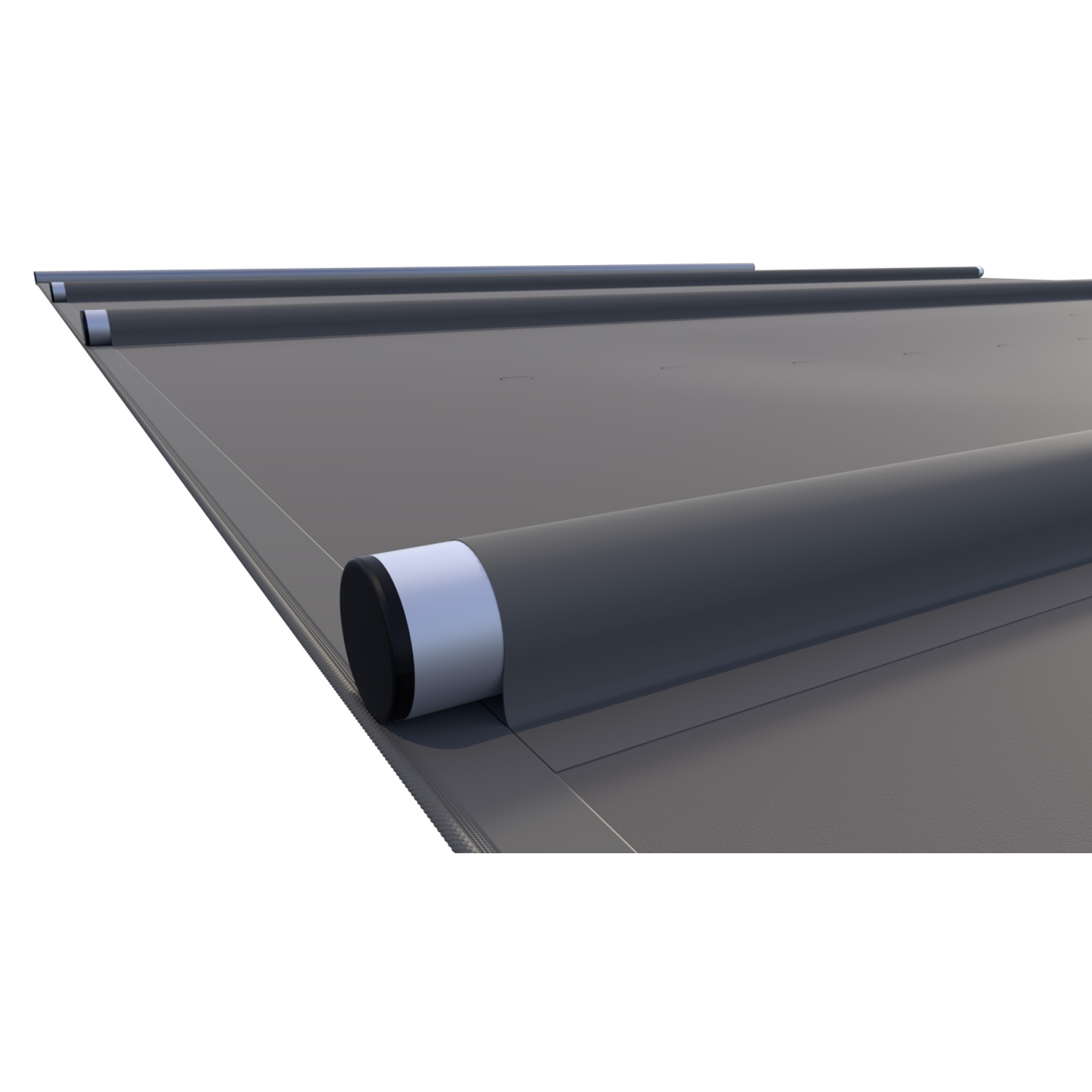 Das Bild zeigt eine graue Poolabdeckung, teilweise aufgerollt, um Konstruktions- und Materialdetails zu zeigen.