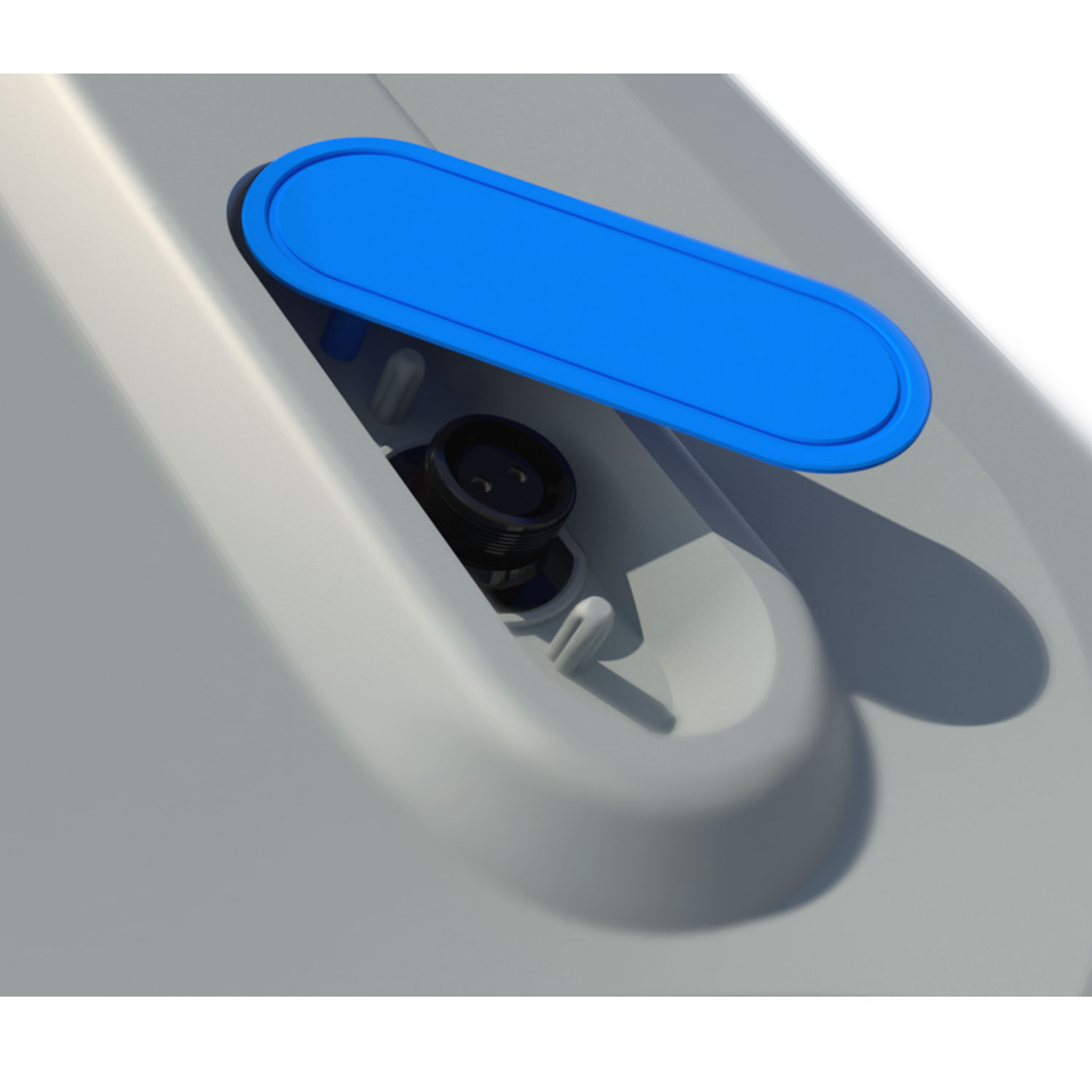 Nahaufnahme eines grauen Gehäuses mit offener blauer Abdeckung, die interne elektrische Komponenten freigibt.