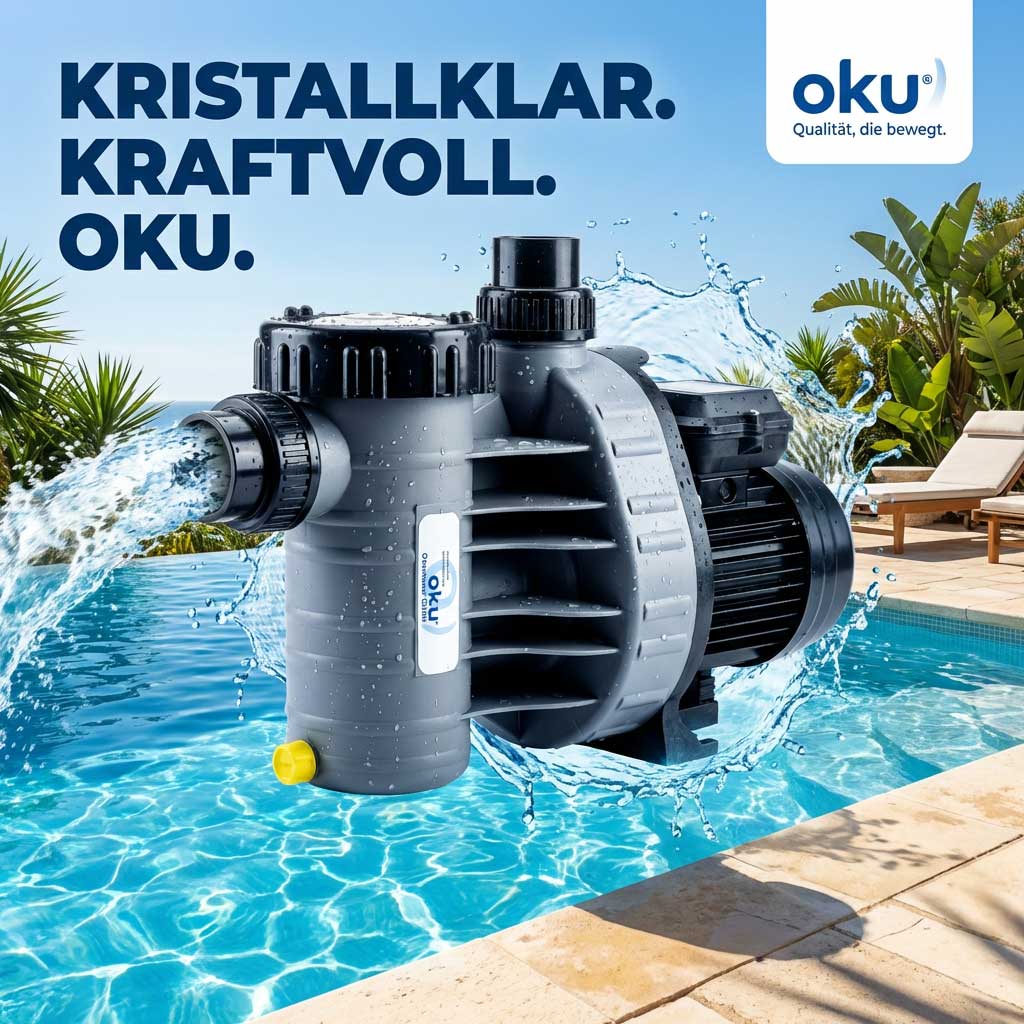 Poolpumpe mit Wasserstrahl, installiert am Beckenrand.