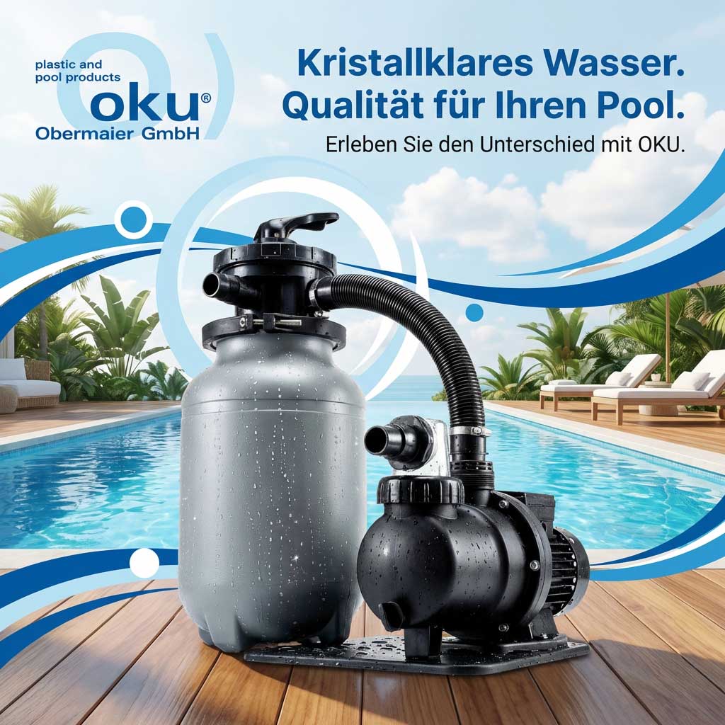 Poolfiltersystem mit Pumpe und Filter in der Nähe eines Schwimmbades.