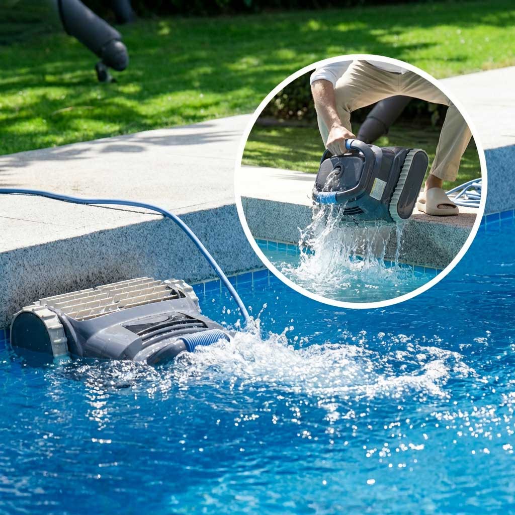 Automatischer Poolreiniger im Einsatz, der die Wasseroberfläche des Pools reinigt.