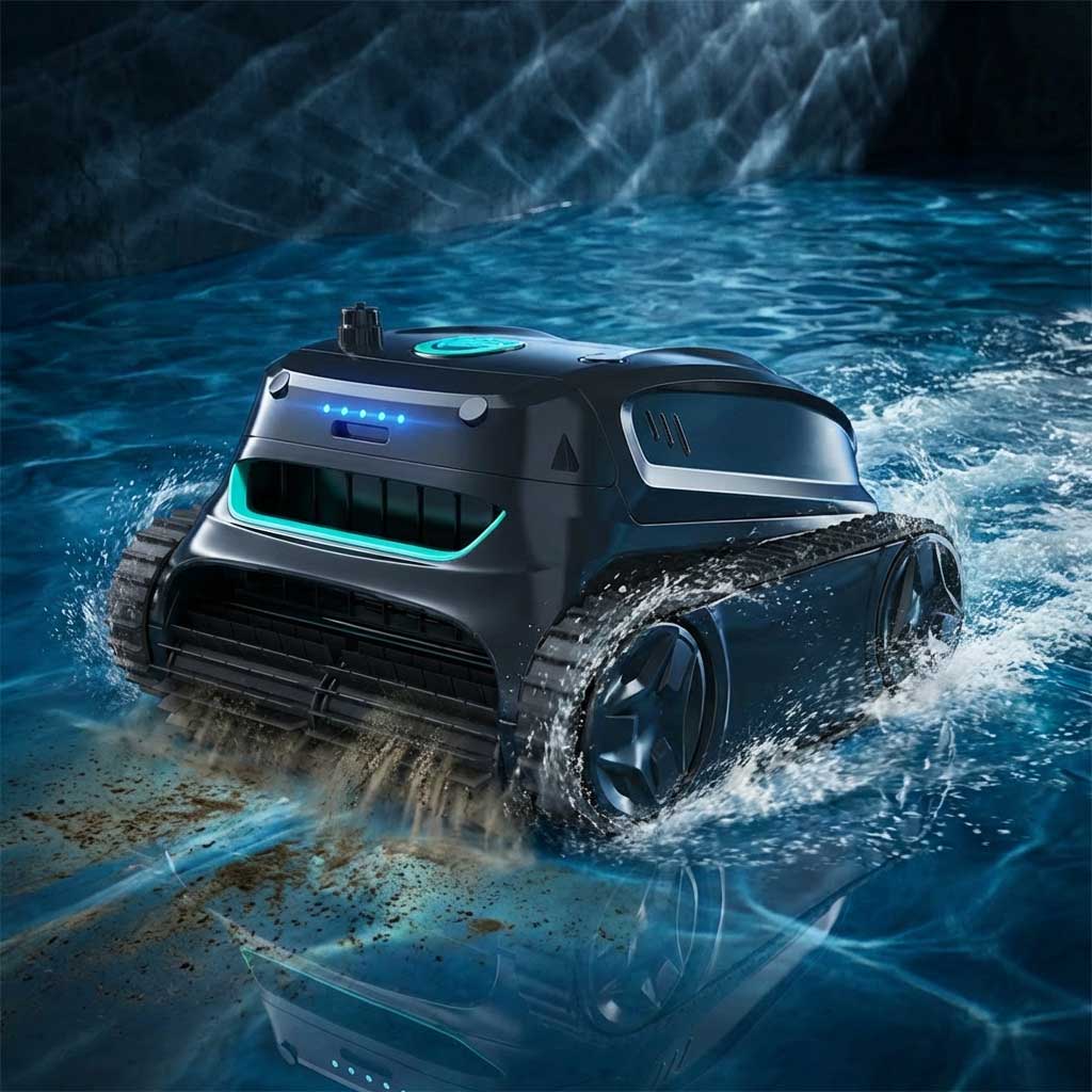 Automatisierter Poolreiniger, der im Wasser arbeitet und Schmutz und Ablagerungen entfernt.