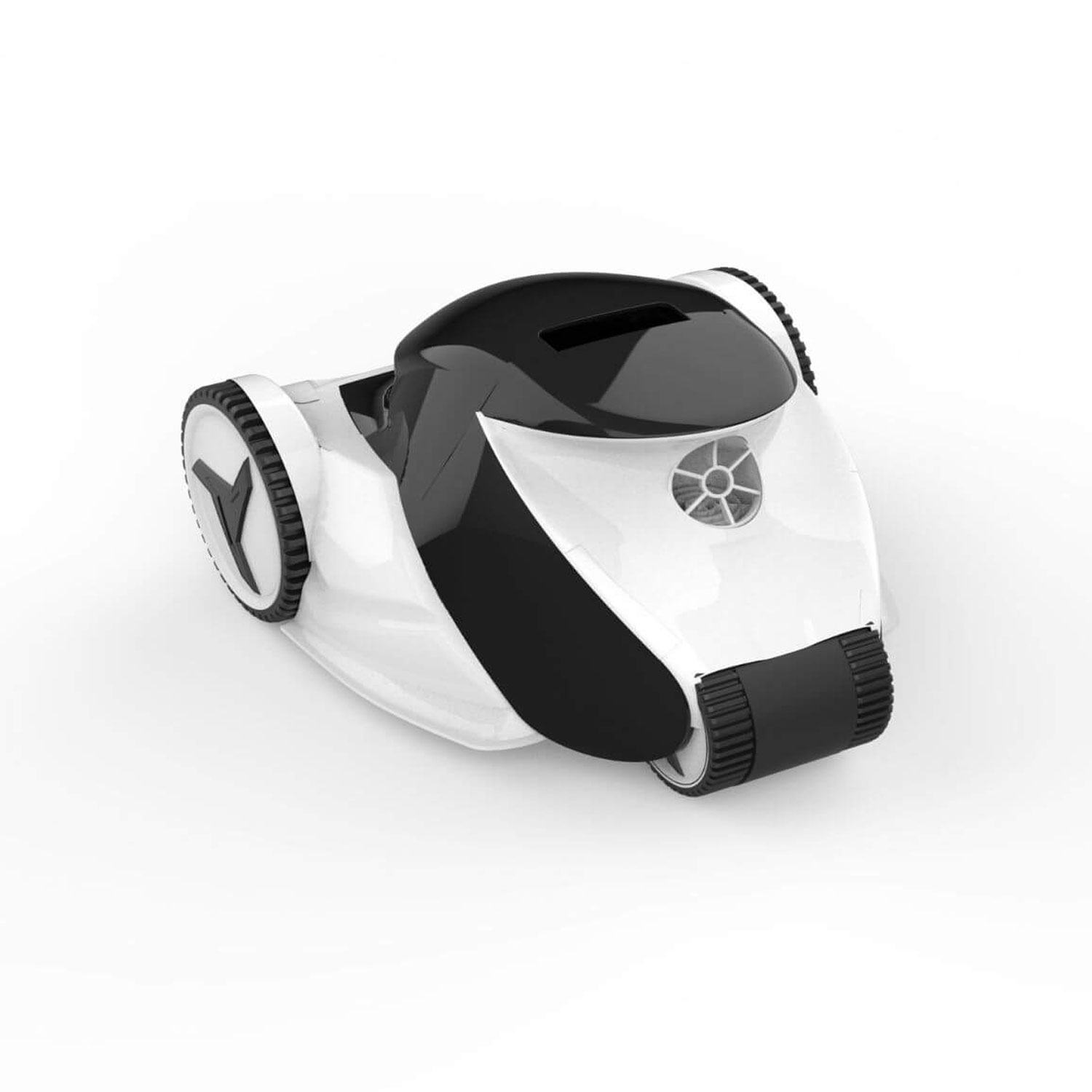 Illustration eines autonomen Poolreinigungsroboters mit schwarz-weißen Komponenten. Der Roboter hat Räder und Ketten.