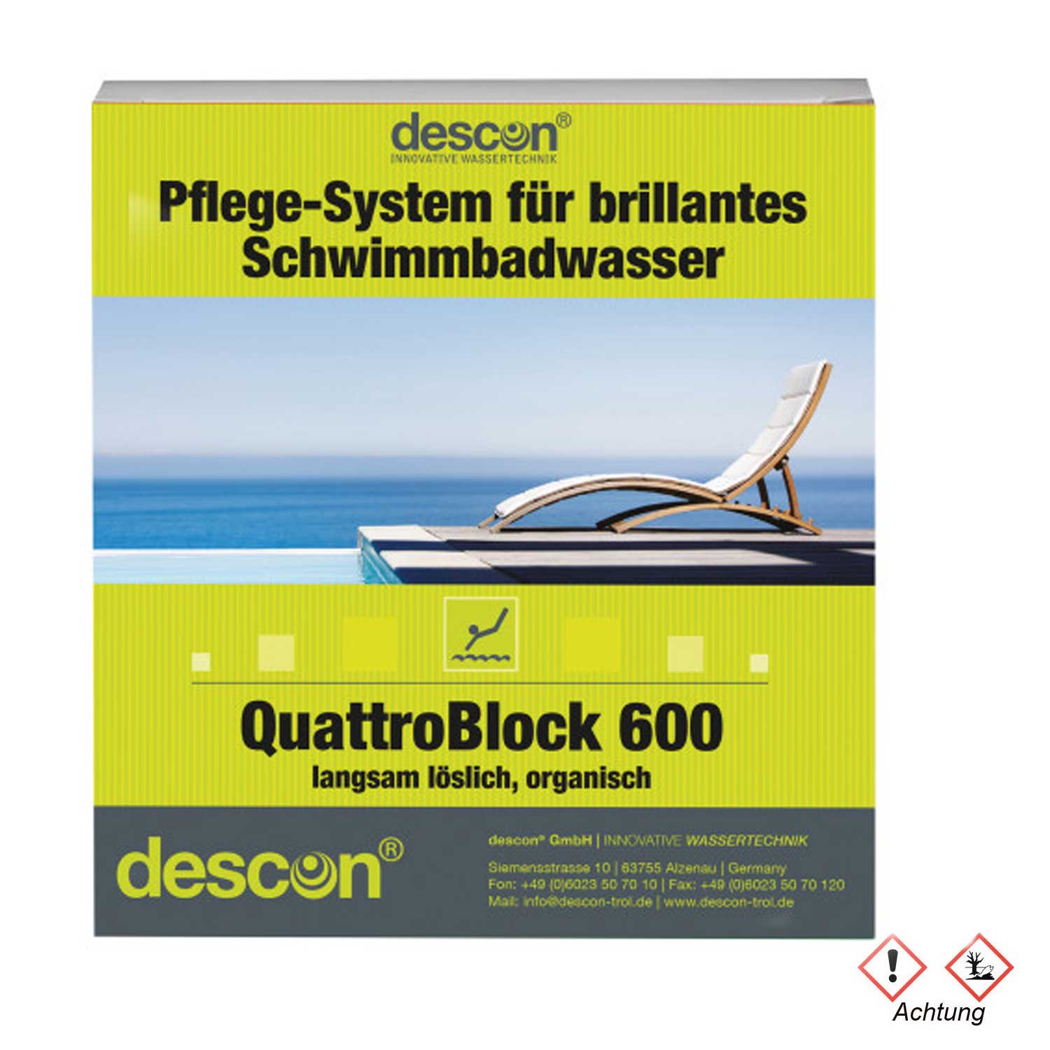 Descon QuattroBlock 600 Produktverpackung zur Wasseraufbereitung mit Poolszene.