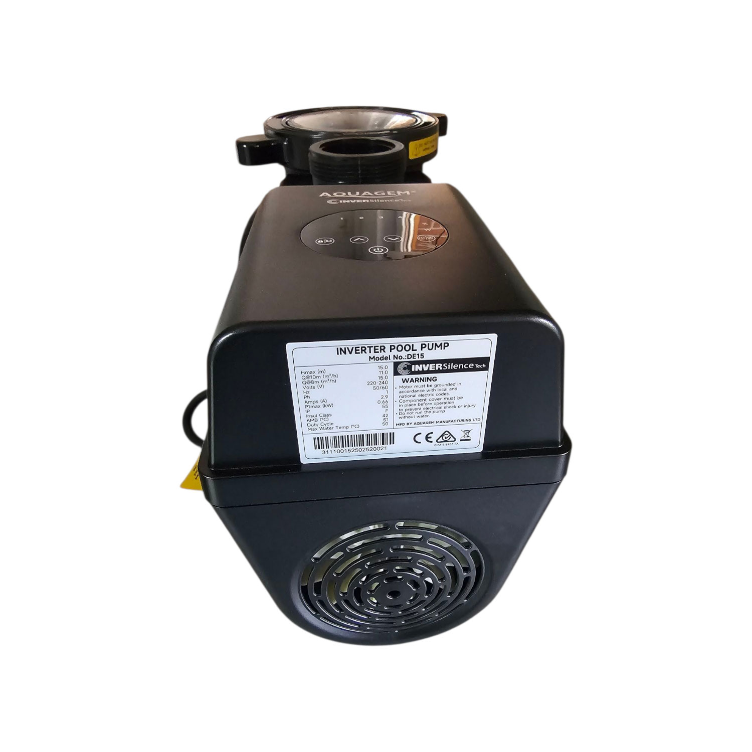 Nahaufnahme einer schwarzen Inverter-Poolpumpe, Modell DE15, die ihre technischen Spezifikationen und ihr Design zeigt.