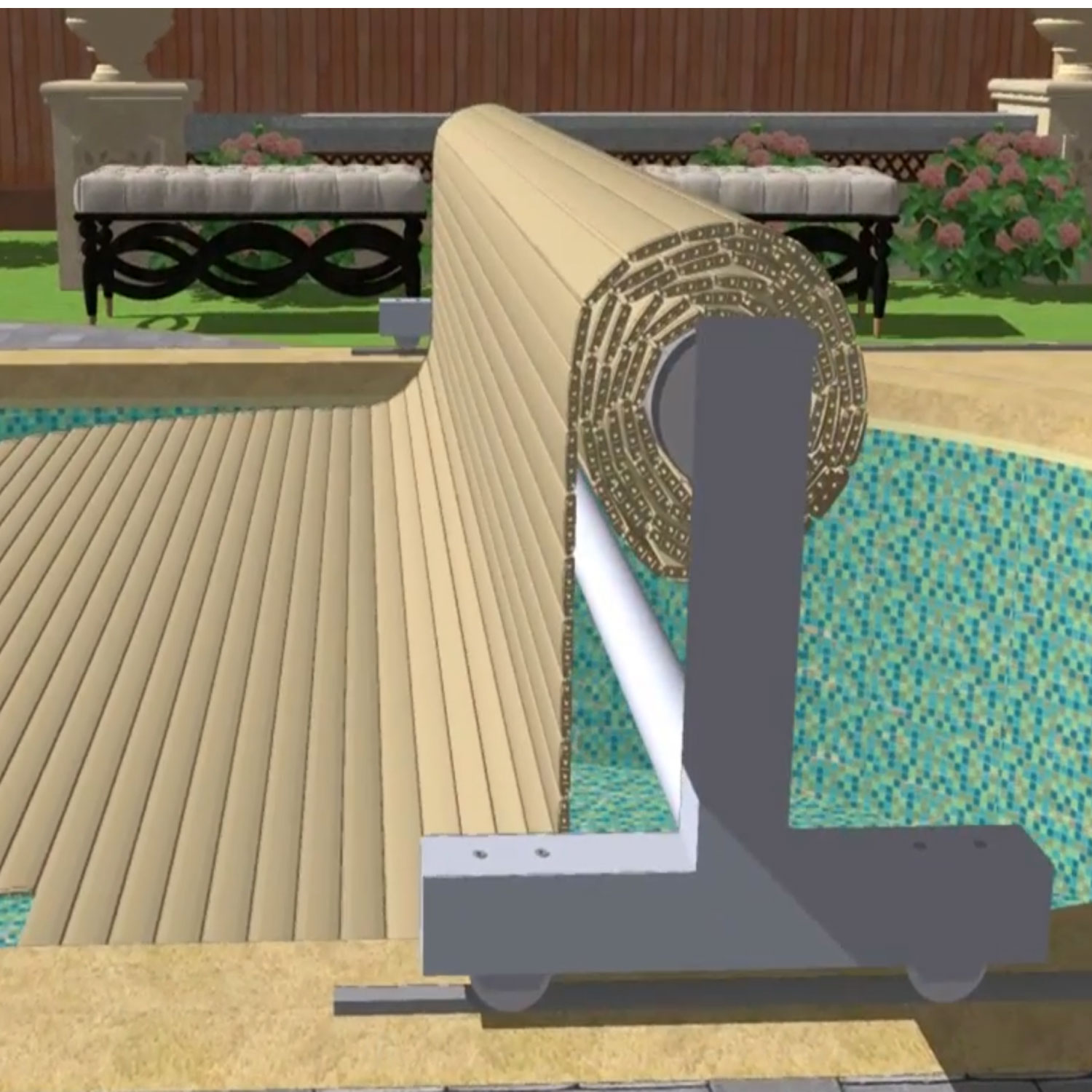 Automatisiertes Poolabdeckungssystem mit gerollter Abdeckung und mechanischem Auslösesystem.