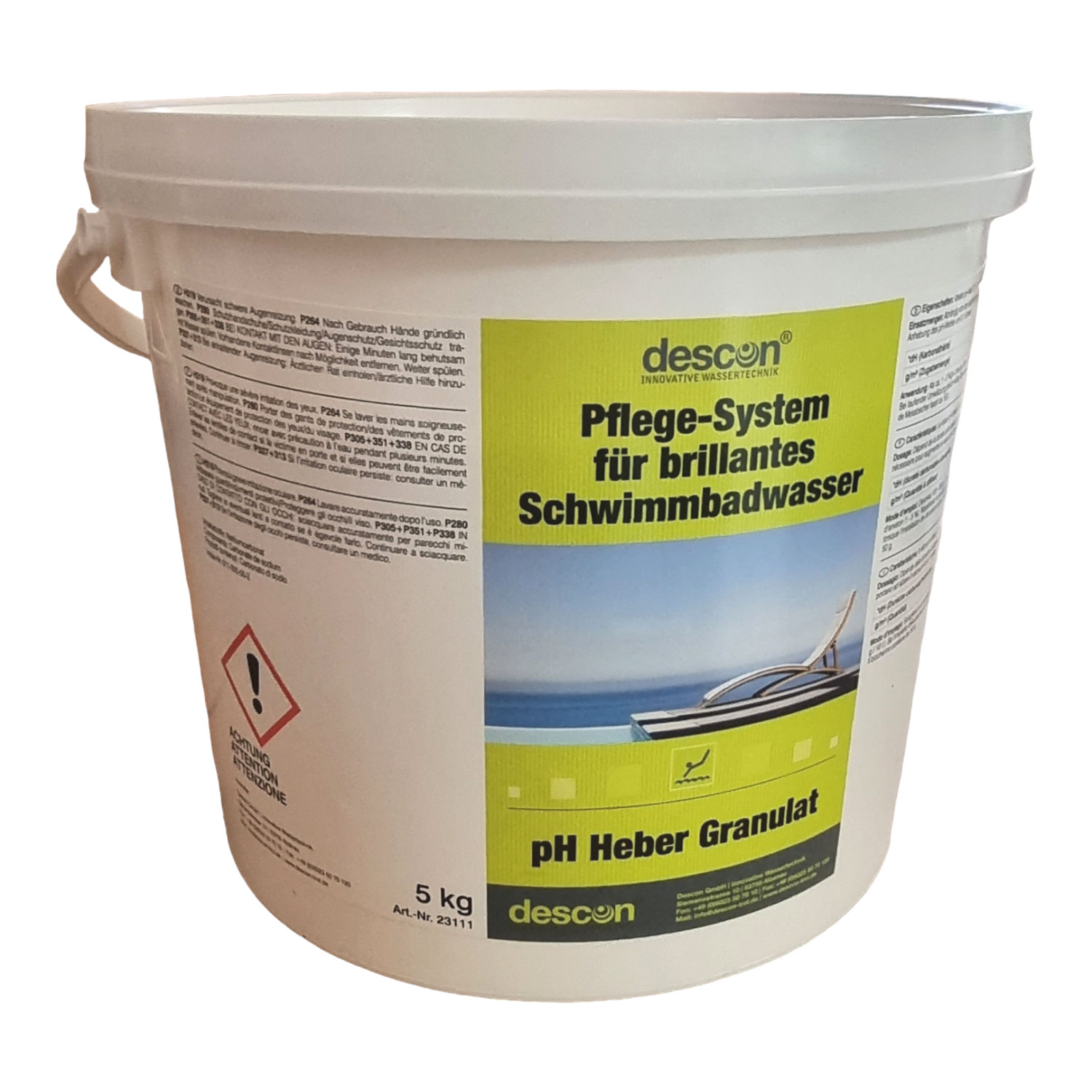 Ein Behälter mit Descon pH Heber Granulat zur Schwimmbadwasserpflege.