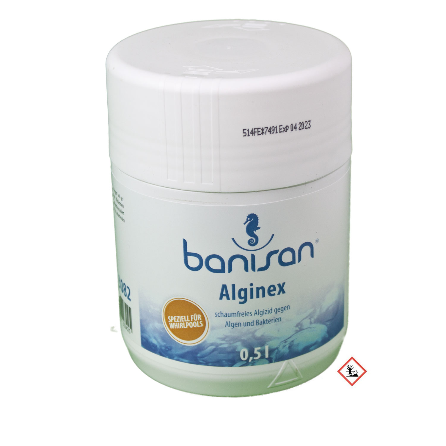 Banisan Alginex Algizidprodukt in einem weißen Behälter, konzipiert für Whirlpools und Algenbekämpfung.