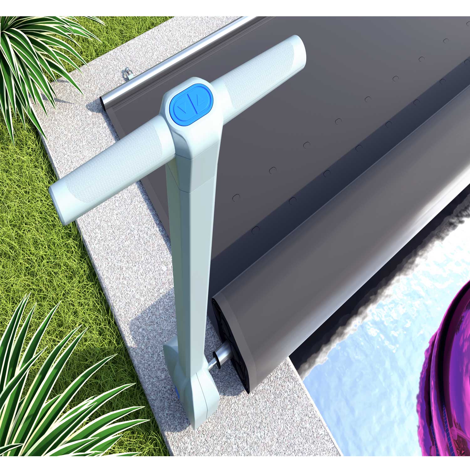 Automatisiertes Poolabdeckungssystem, das den Pool teilweise mit einer Steuerung und einer grauen Abdeckung abdeckt.