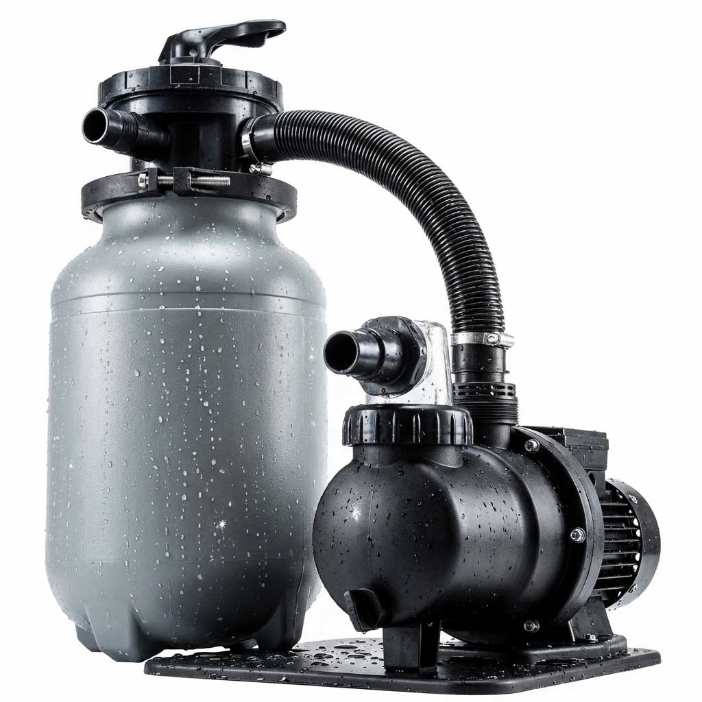 Poolfiltersystem mit Pumpe und Sandbehälter, ausgelegt für die Wasserzirkulation.