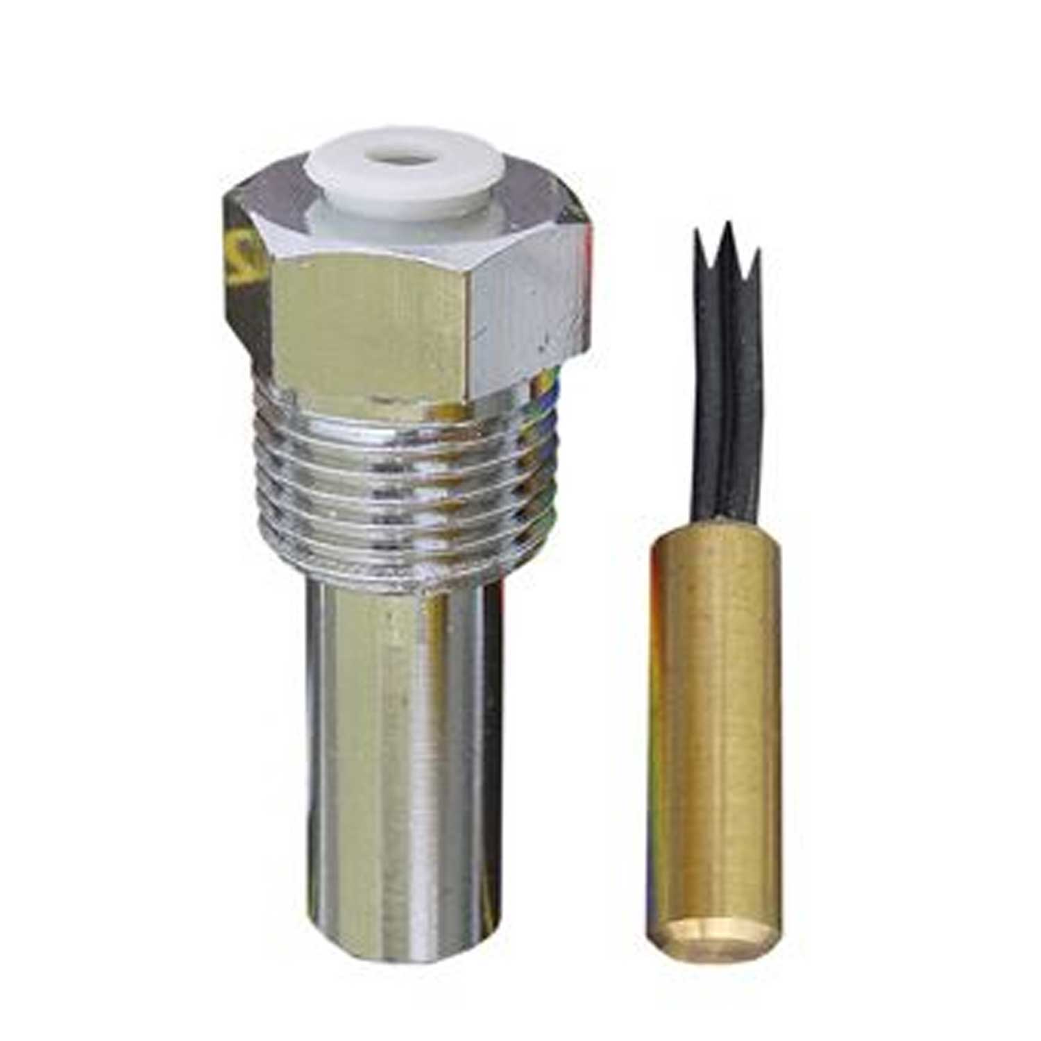 Temperaturfühler aus Metall mit Messinghülse und Drähten.