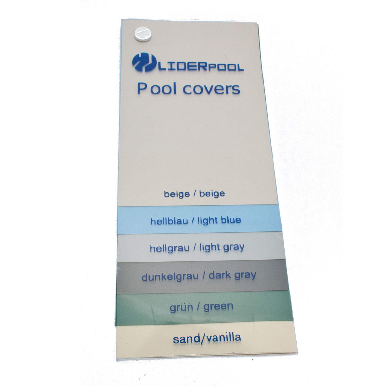 Farbmuster für Poolabdeckungen. Zu den Farben gehören Beige, Hellblau, Hellgrau, Dunkelgrau, Grün und Vanille.
