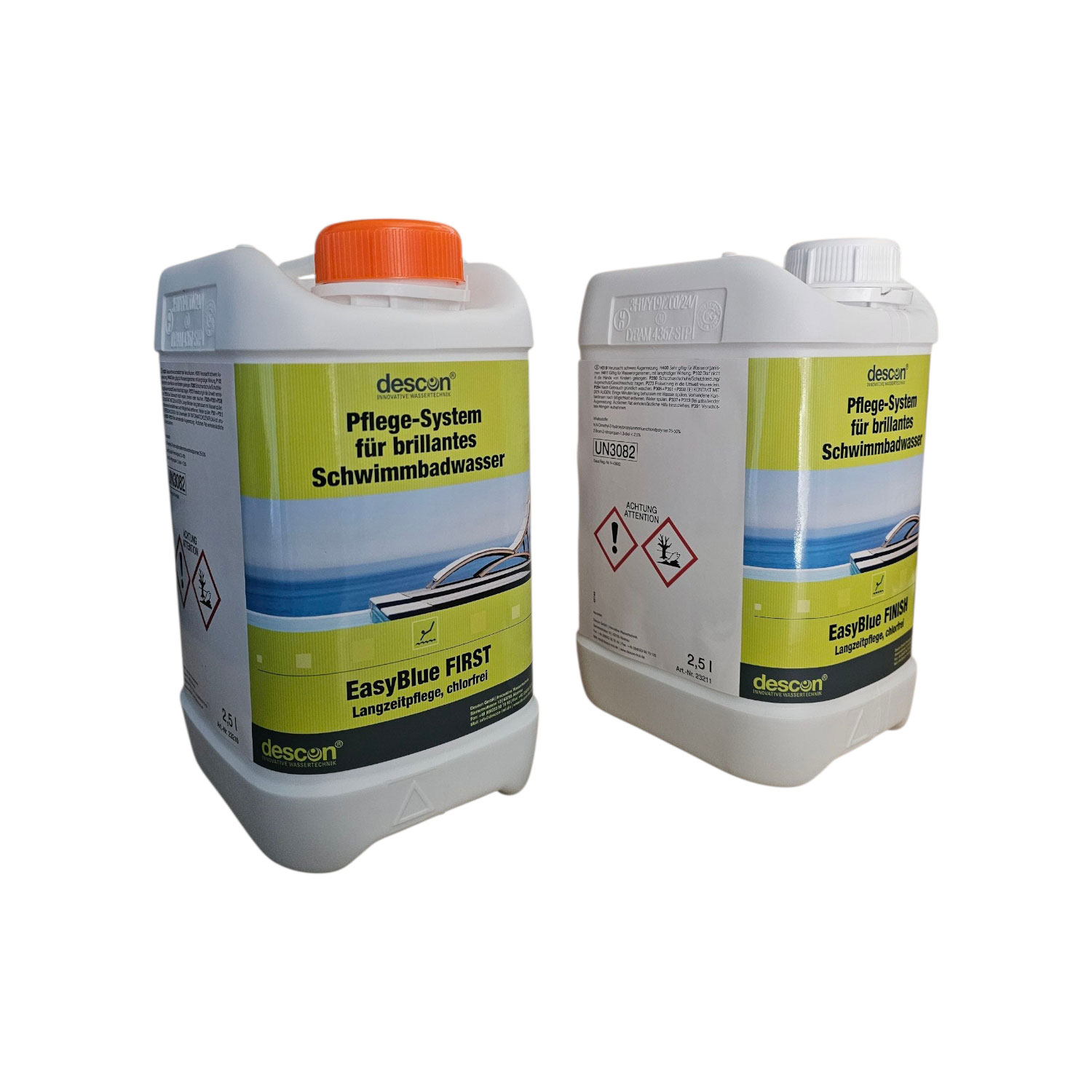Zwei 2,5-Liter-Behälter descon EasyBlue FIRST und FINISH Poolwasserpflegesystems.