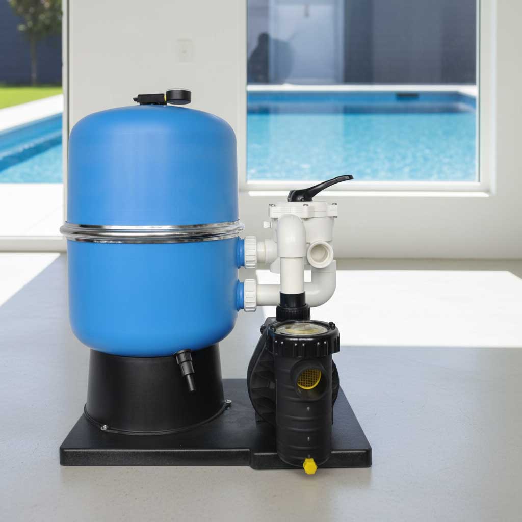 Bild eines blau-schwarzen Poolfiltersystems, einschließlich Filtertank, Pumpe und zugehörigen Rohrleitungen.