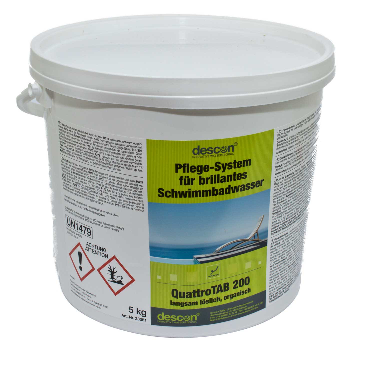 Ein 5-kg-Eimer Descon QuattroTAB 200, ein sich langsam auflösendes und organisches Poolwasseraufbereitungssystem.