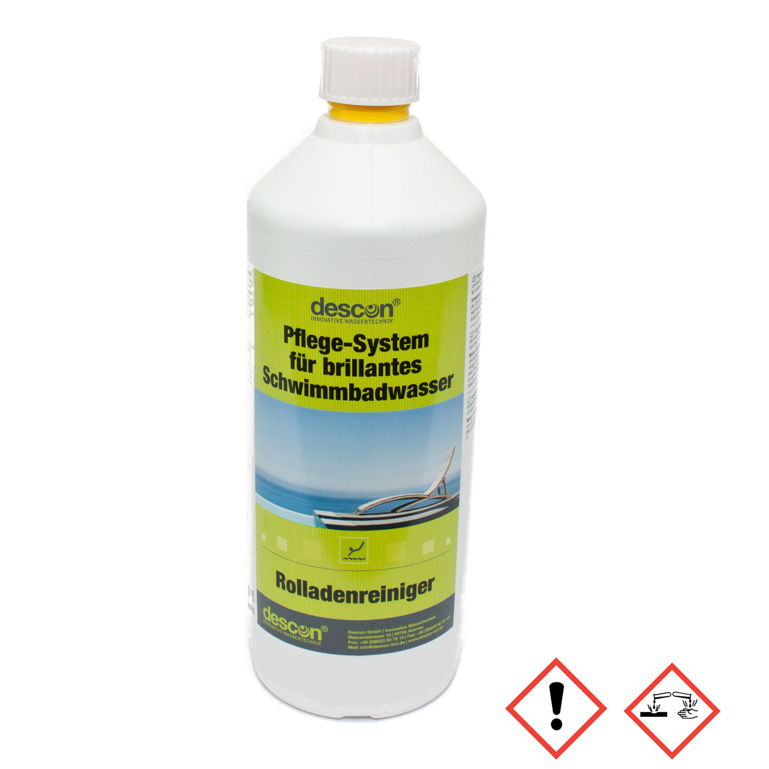 Weiße Plastikflasche mit Descon-Poolreinigungslösung; Enthält Gefahrenwarnsymbole.