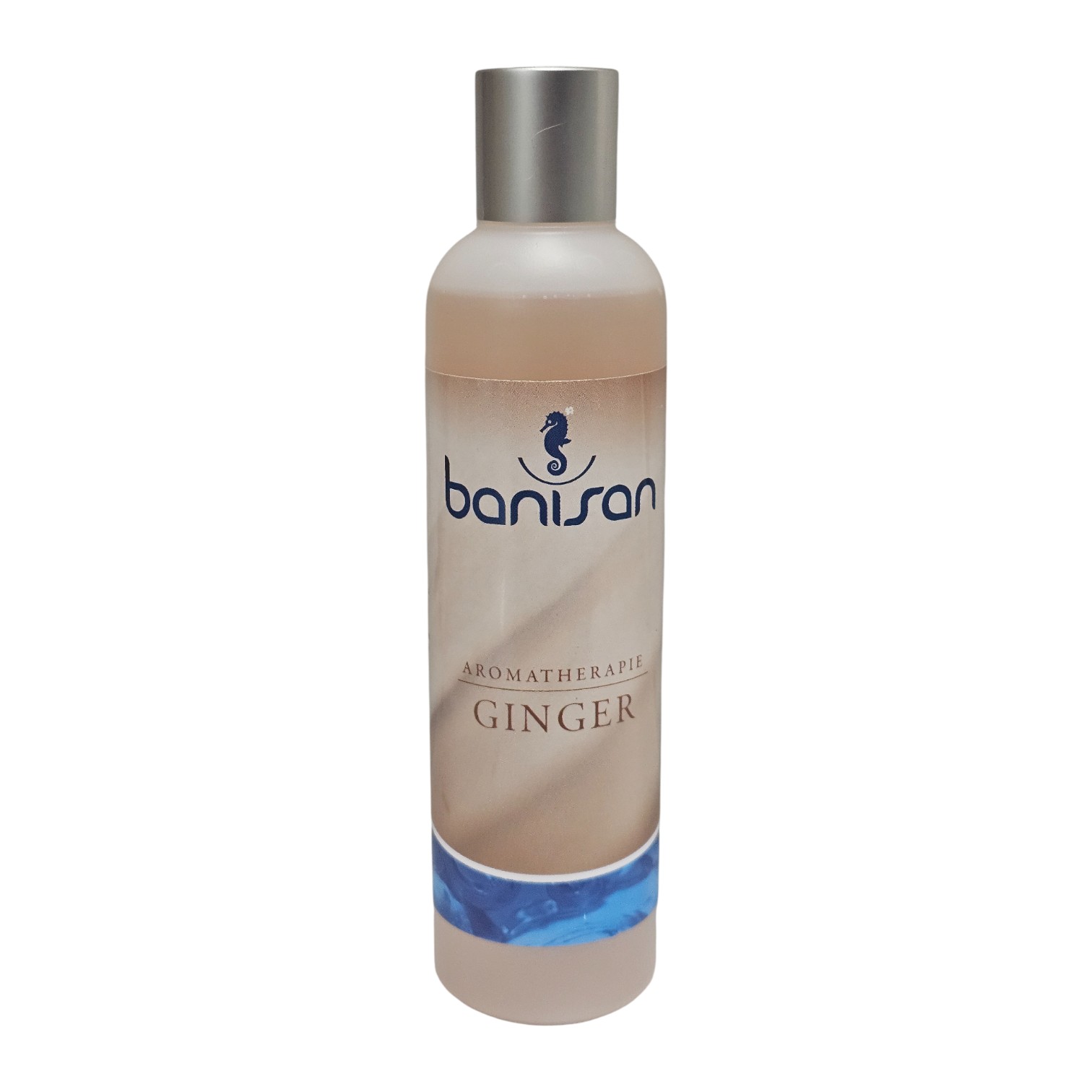 Banisan Aromatherapie Ginger-Produkt in einer durchsichtigen Flasche mit silbernem Verschluss, vor weißem Hintergrund.