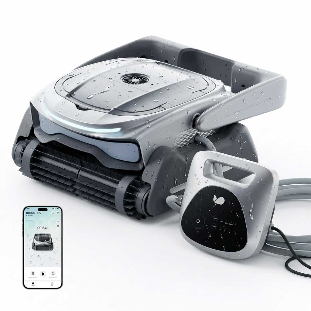 Roboter-Poolreiniger mit Wassertropfen, Steuereinheit und Smartphone-App-Schnittstelle.