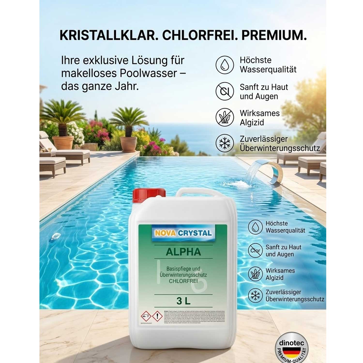 Kanister mit chlorfreiem Poolpflegemittel vor einem Schwimmbad.