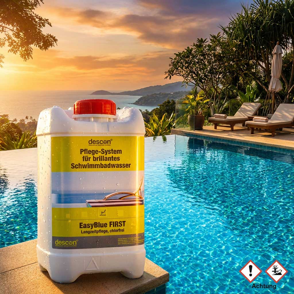 In der Nähe eines Außenpools wird ein Behälter mit Chemikalien zur Poolwasseraufbereitung ausgestellt.