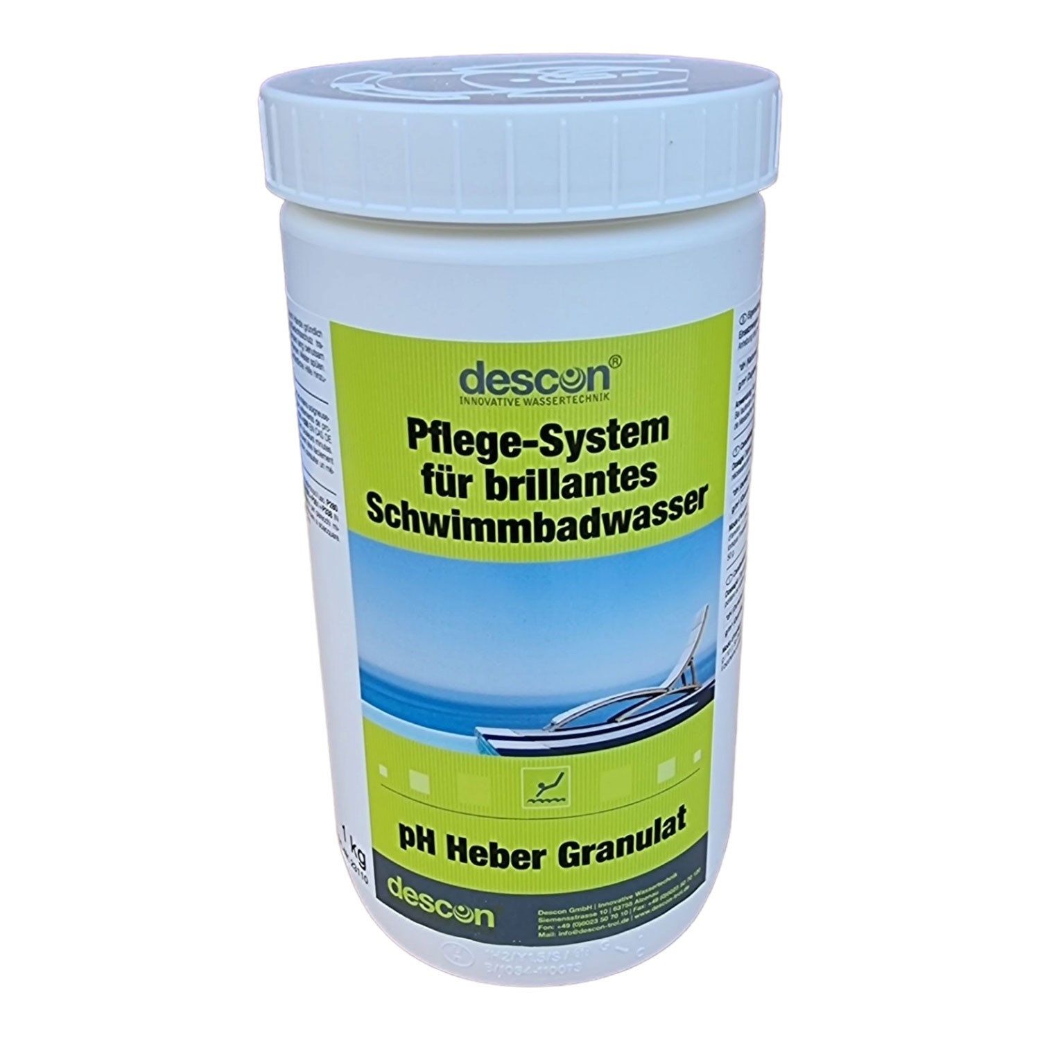 Behälter mit Descon pH Heber Granulat zur Poolwasserpflege und pH-Wert-Einstellung.