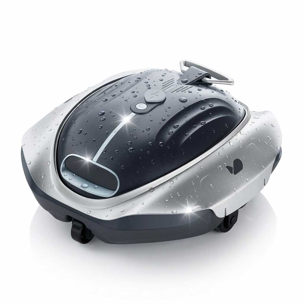 Roboter-Poolreiniger mit Wassertropfen auf der Oberfläche, der sein wasserdichtes Design unterstreicht.