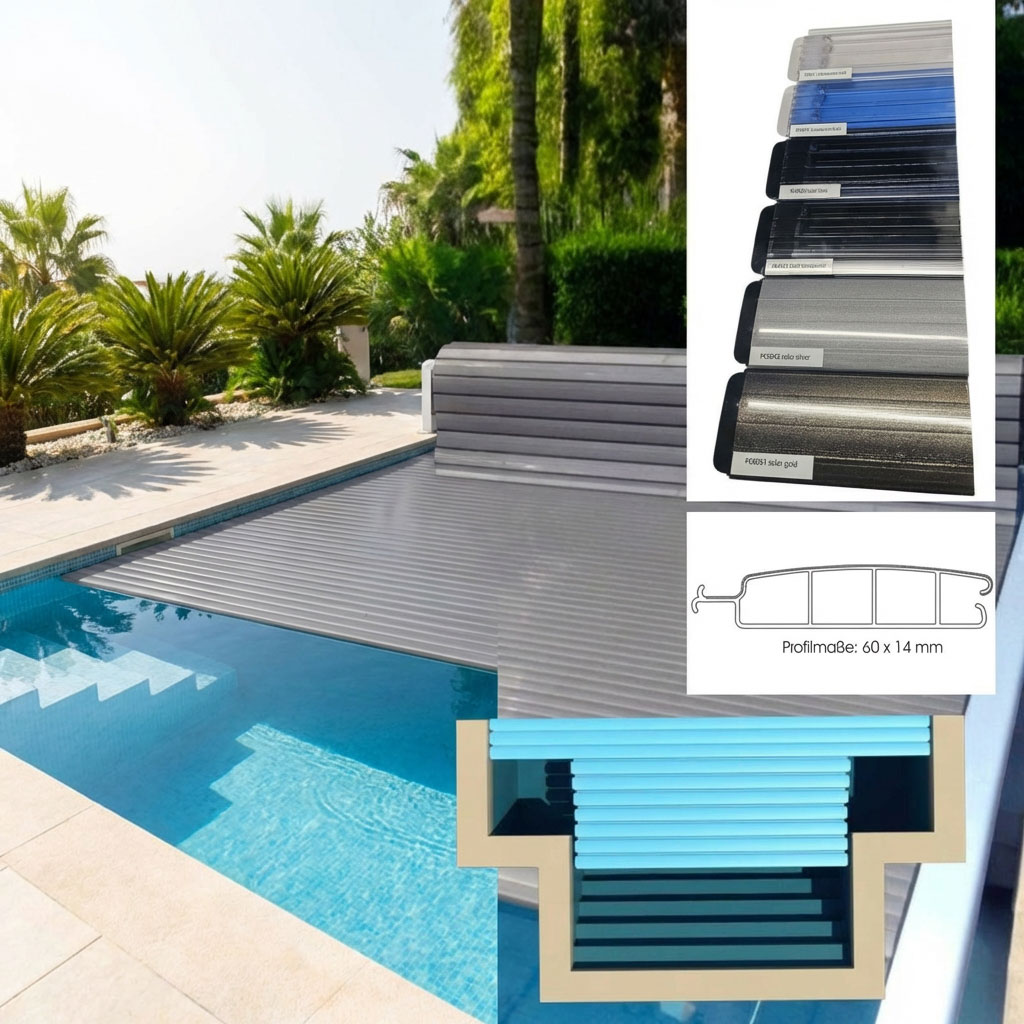 Rechteckiger Pool mit grauer Sicherheitsabdeckung und Materialproben.