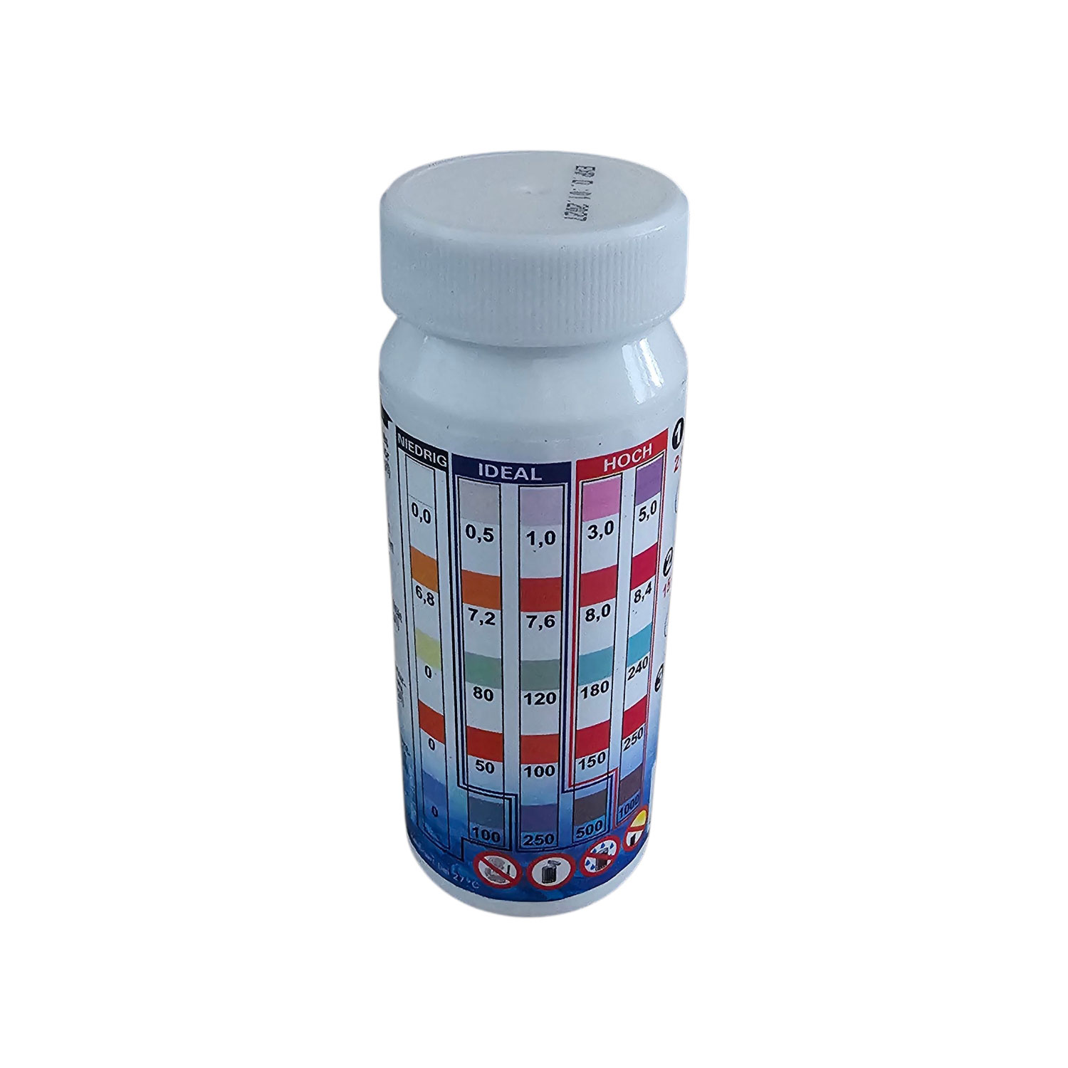 Eine weiße Plastikflasche mit einer Messskala, die „niedrig“, „ideal“ und „hoch“ anzeigt.