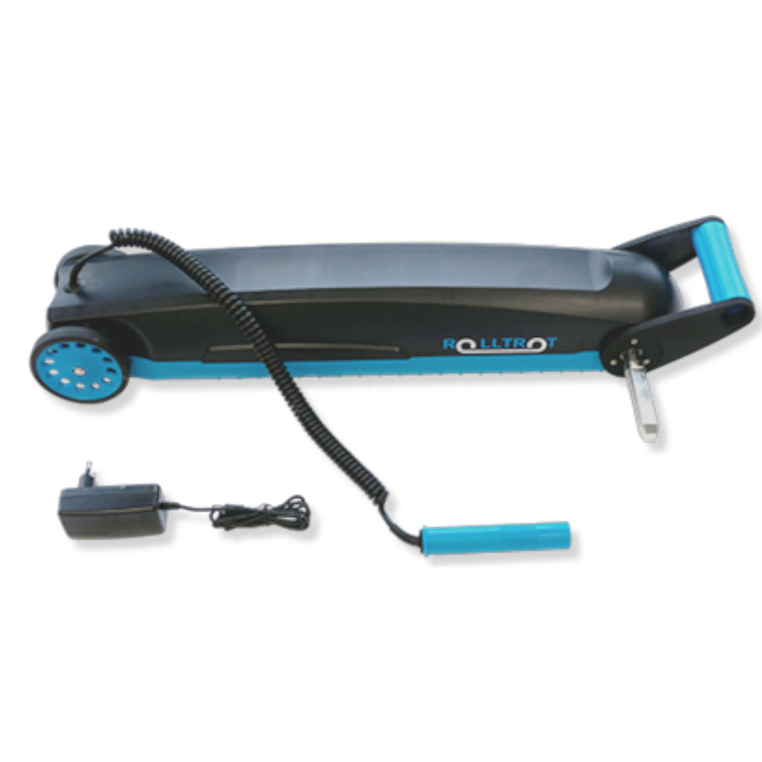 Poolabdeckungsrolle. Gezeigt wird eine blau-schwarze Poolabdeckung mit Rolle und Stopfen.