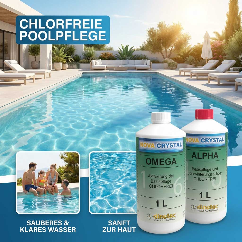 Pool mit klarem Wasser und zwei Flaschen Poolpflegeprodukten.