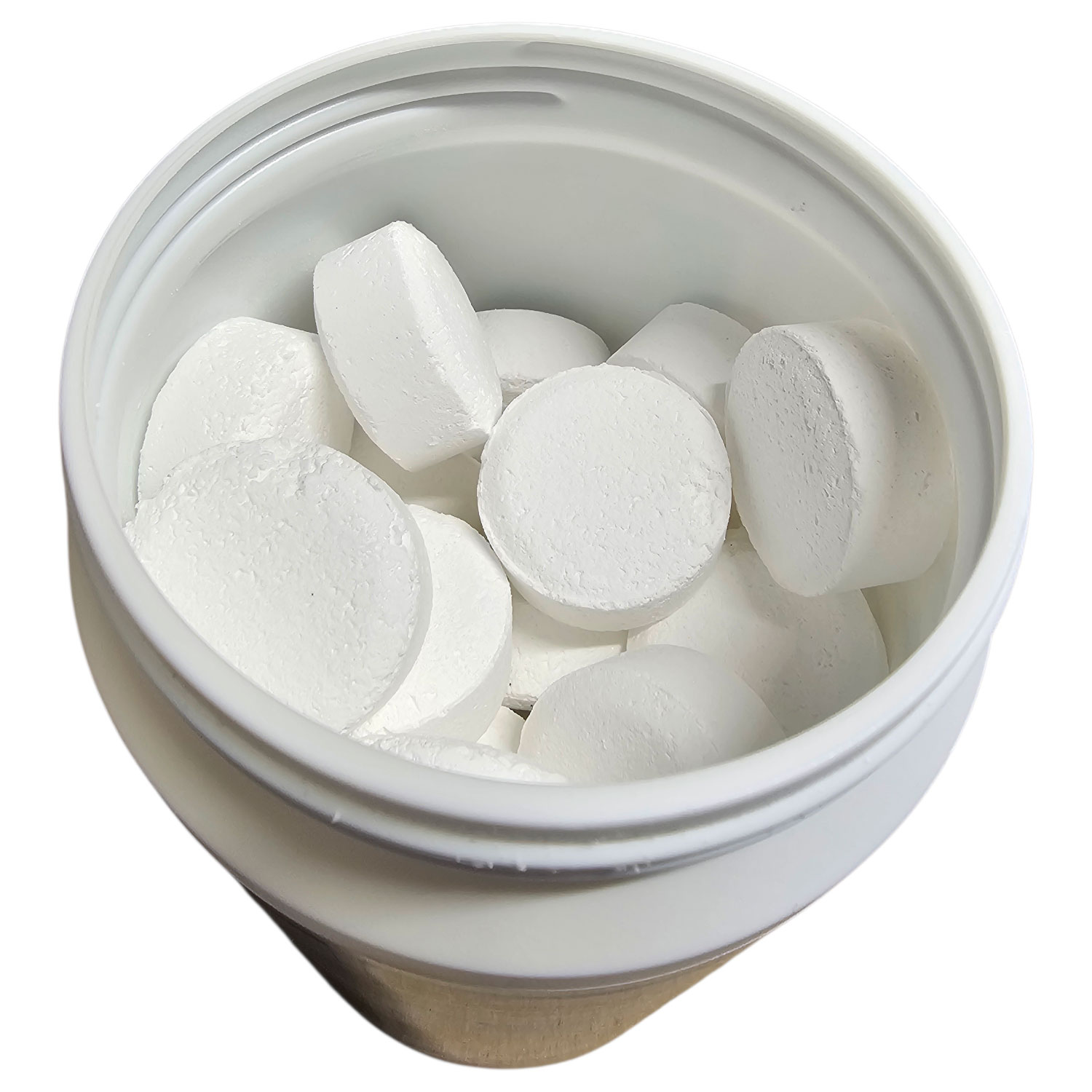 Weißer zylindrischer Behälter, gefüllt mit zahlreichen weißen, runden Tabletten.
