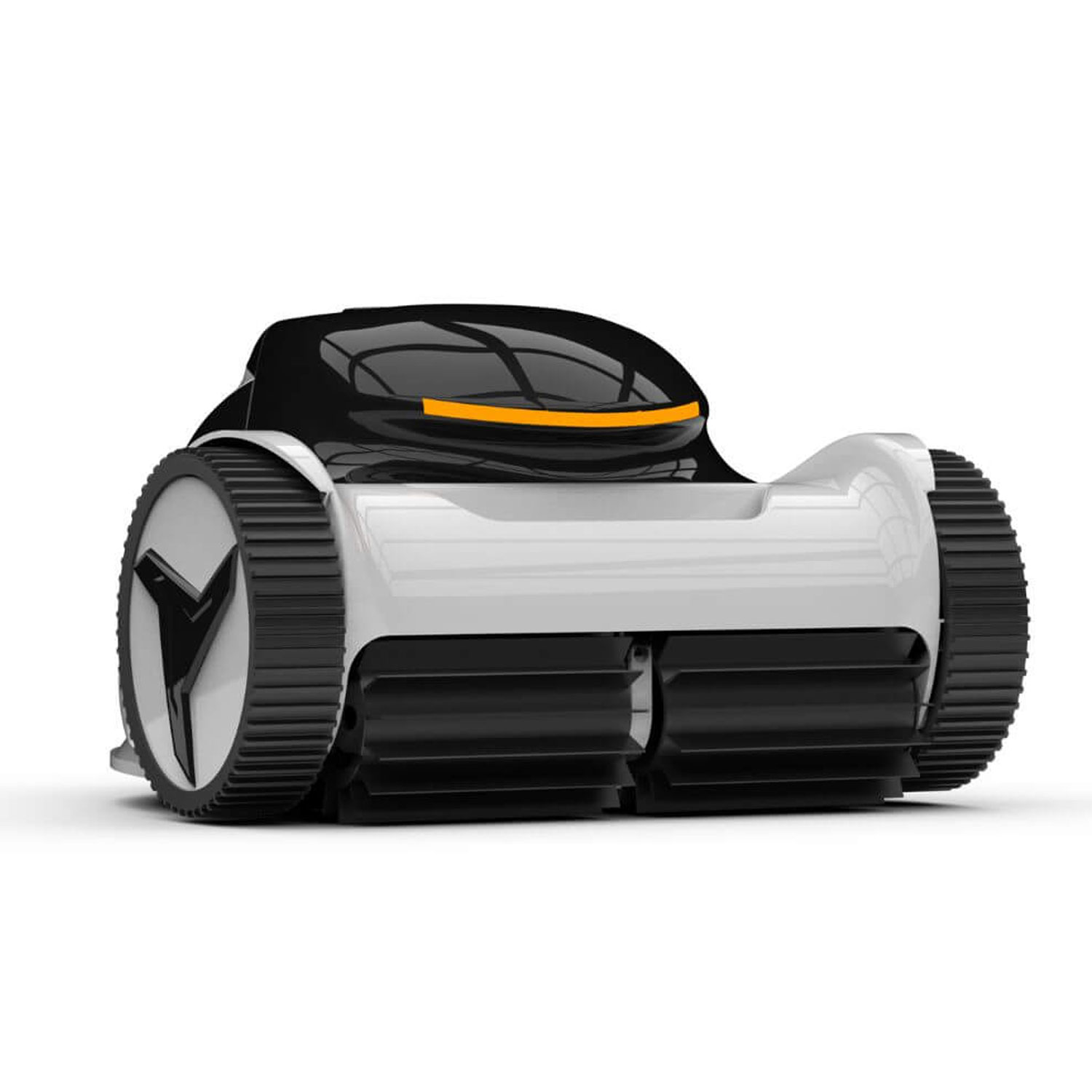Ein Poolreinigungsroboter mit schwarz-weißen Komponenten und Kettenantriebssystem auf weißem Hintergrund.