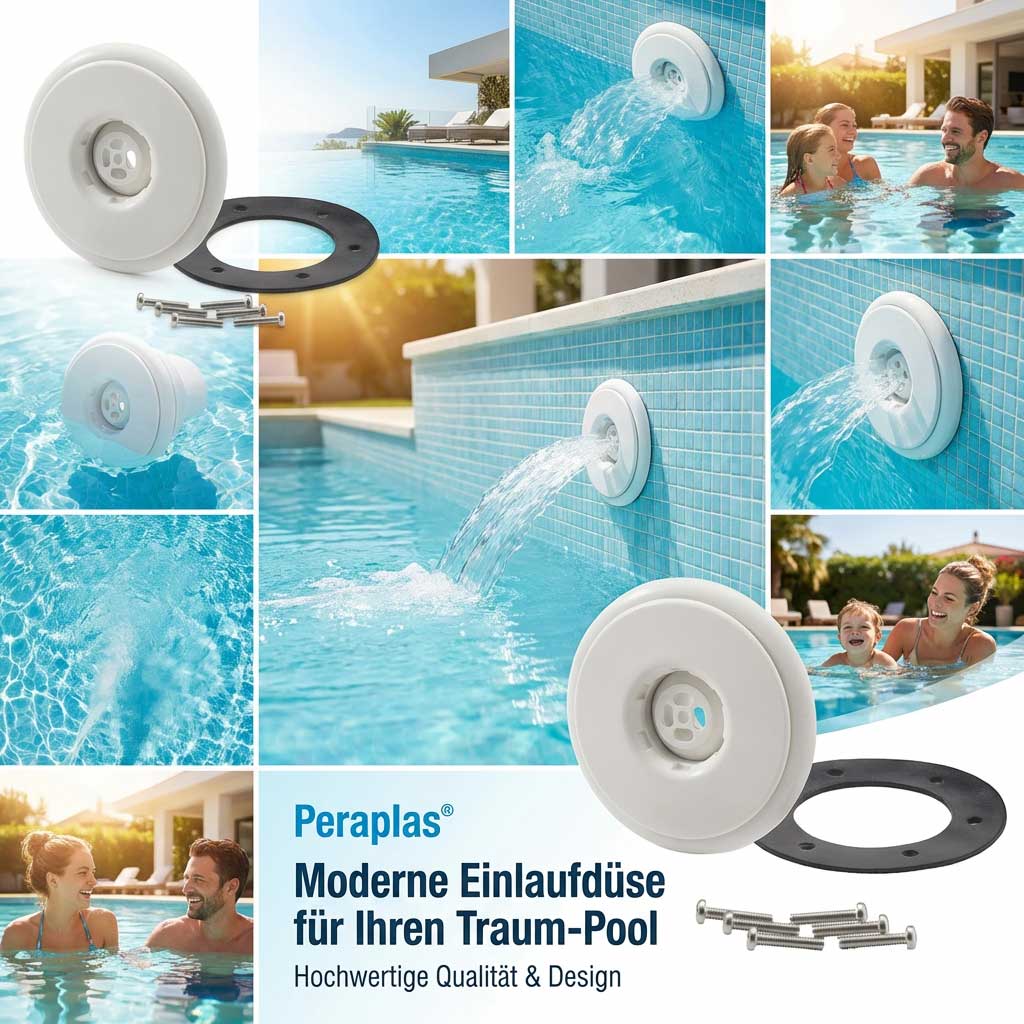 Moderne Pooleinlaufarmatur mit Wasserdurchlauf in einem Schwimmbad.