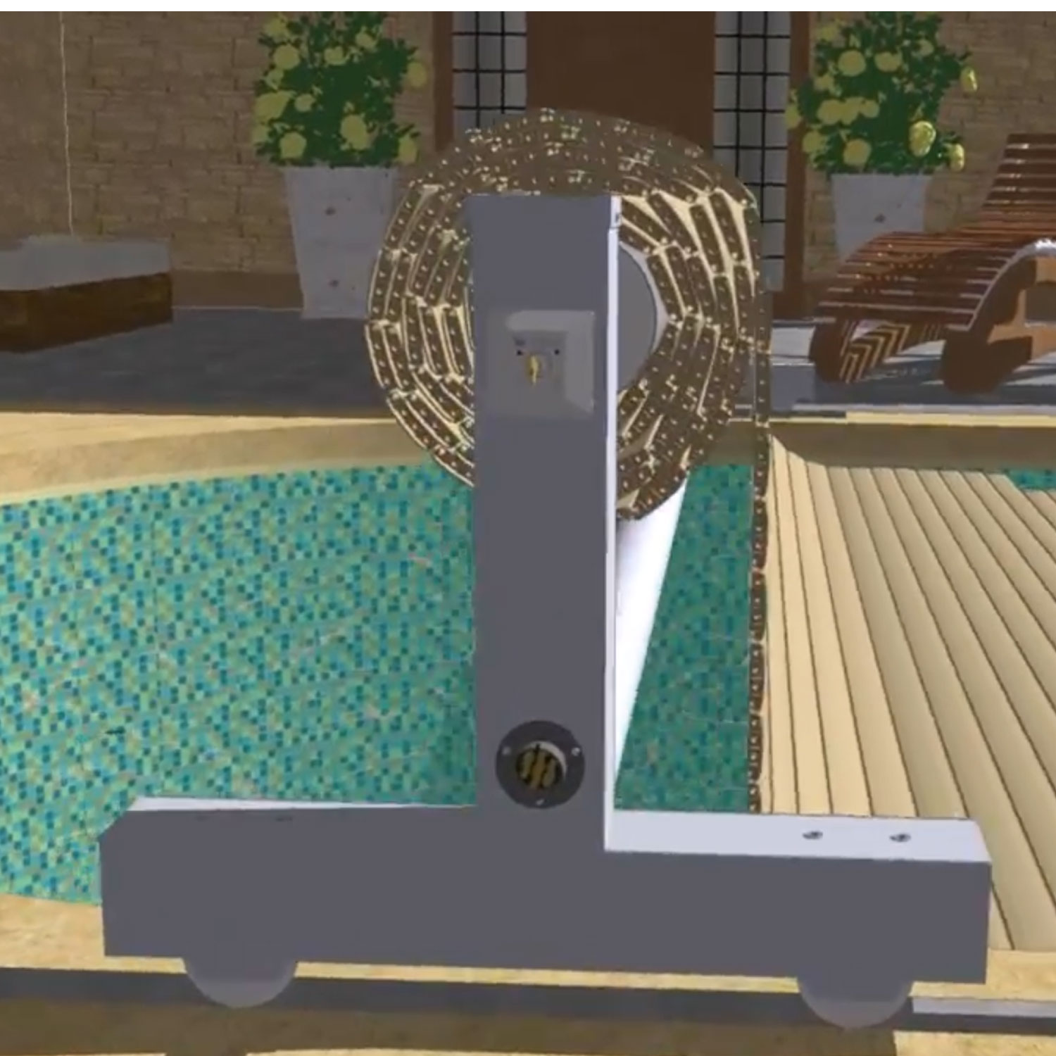 Automatisiertes Poolabdeckungssystem mit Rollenmechanismus und teilweise mit Lamellen abgedecktem Pool.