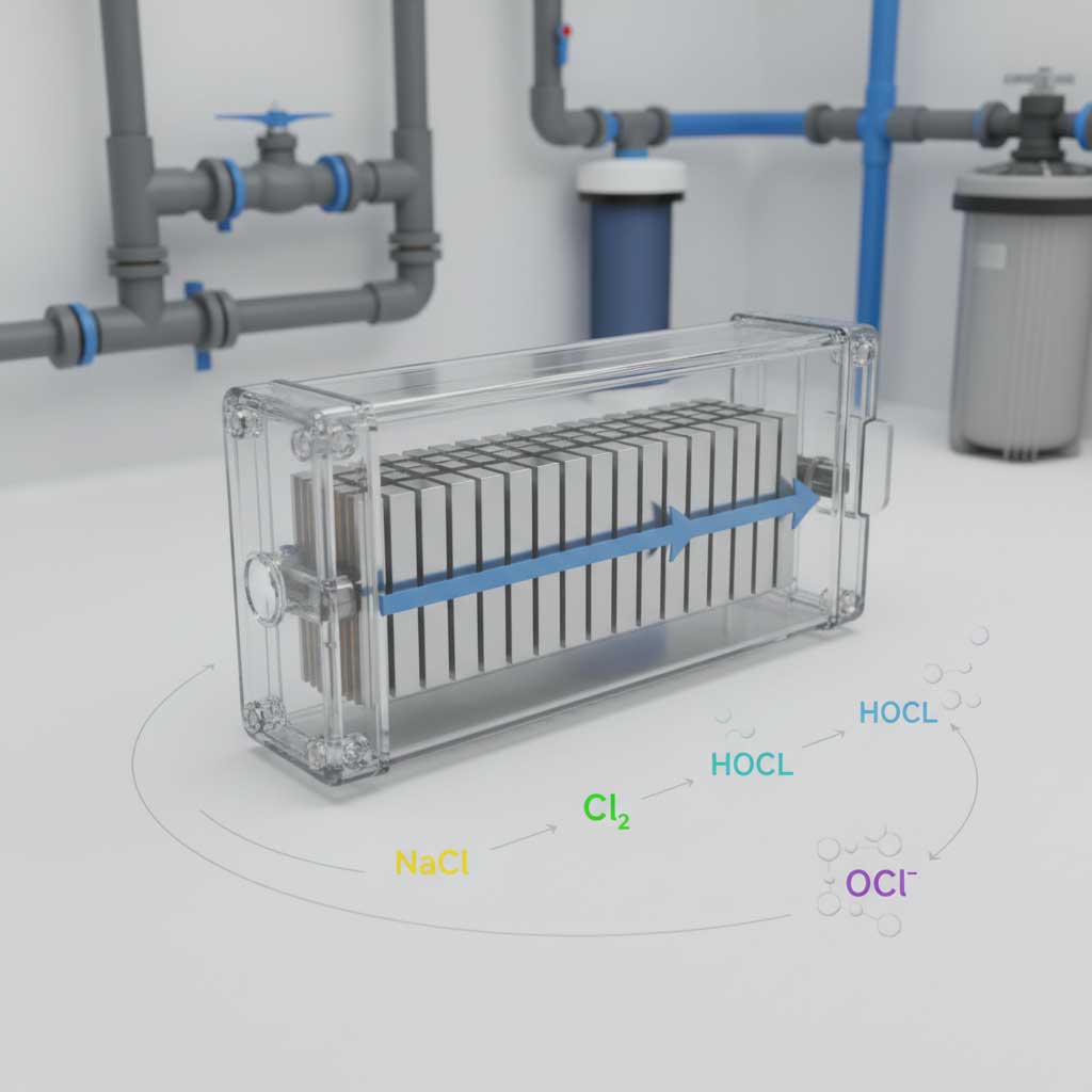 Elektrolysezelle, die in einem Chlorerzeugungssystem mit chemischem Reaktionsschema verwendet wird.