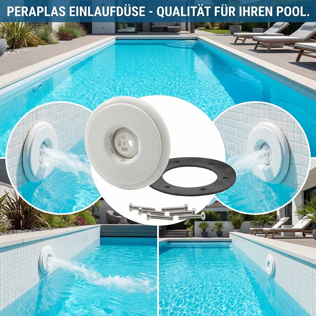 Weiße Pooleinlaufarmatur mit Wasserdurchfluss in einem Schwimmbad.