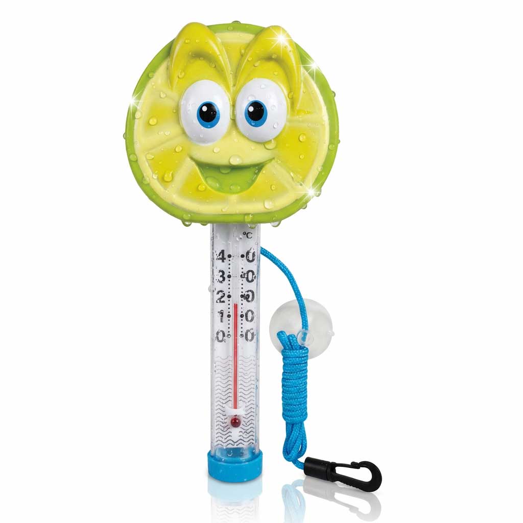 Buntes Poolthermometer mit Zitronendesign und Messskala.