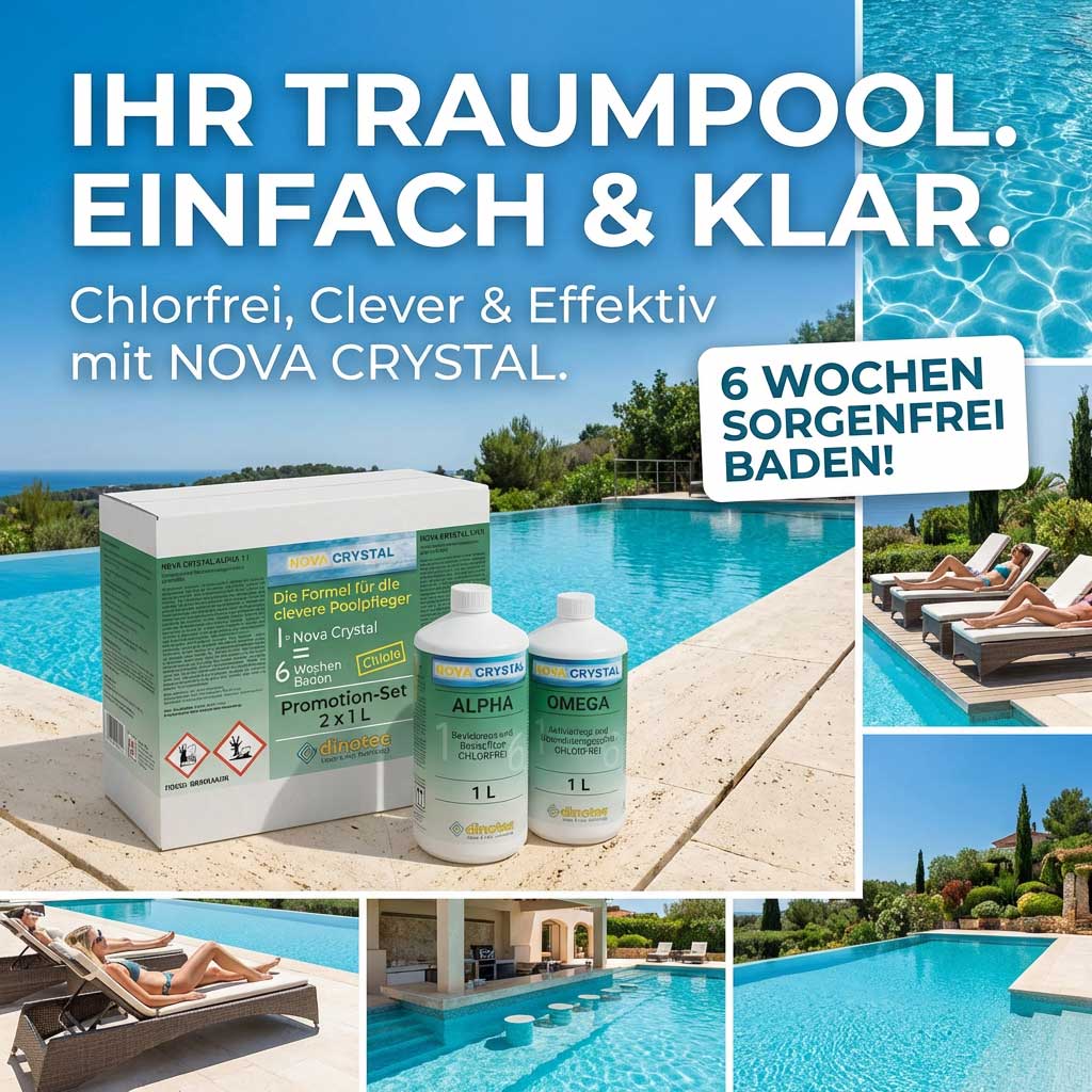 Poolpflege-Set mit zwei Flaschen und einer Box, platziert am Rand eines Pools.
